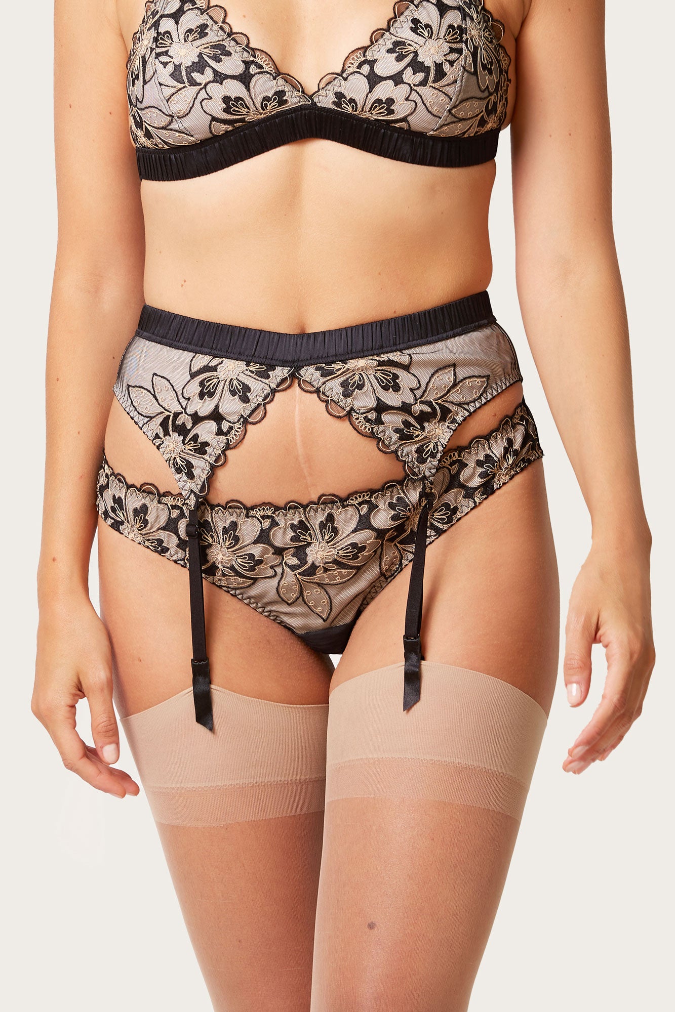 Odile silk knickers with black floral embroidery