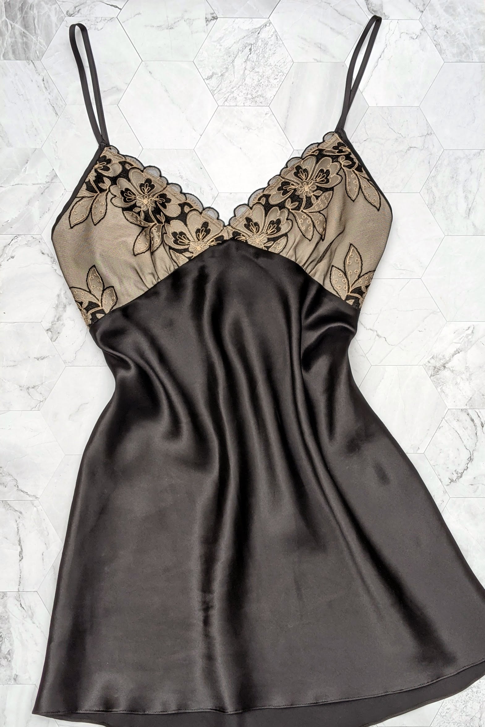 Vintage style slip dress in black silk satin