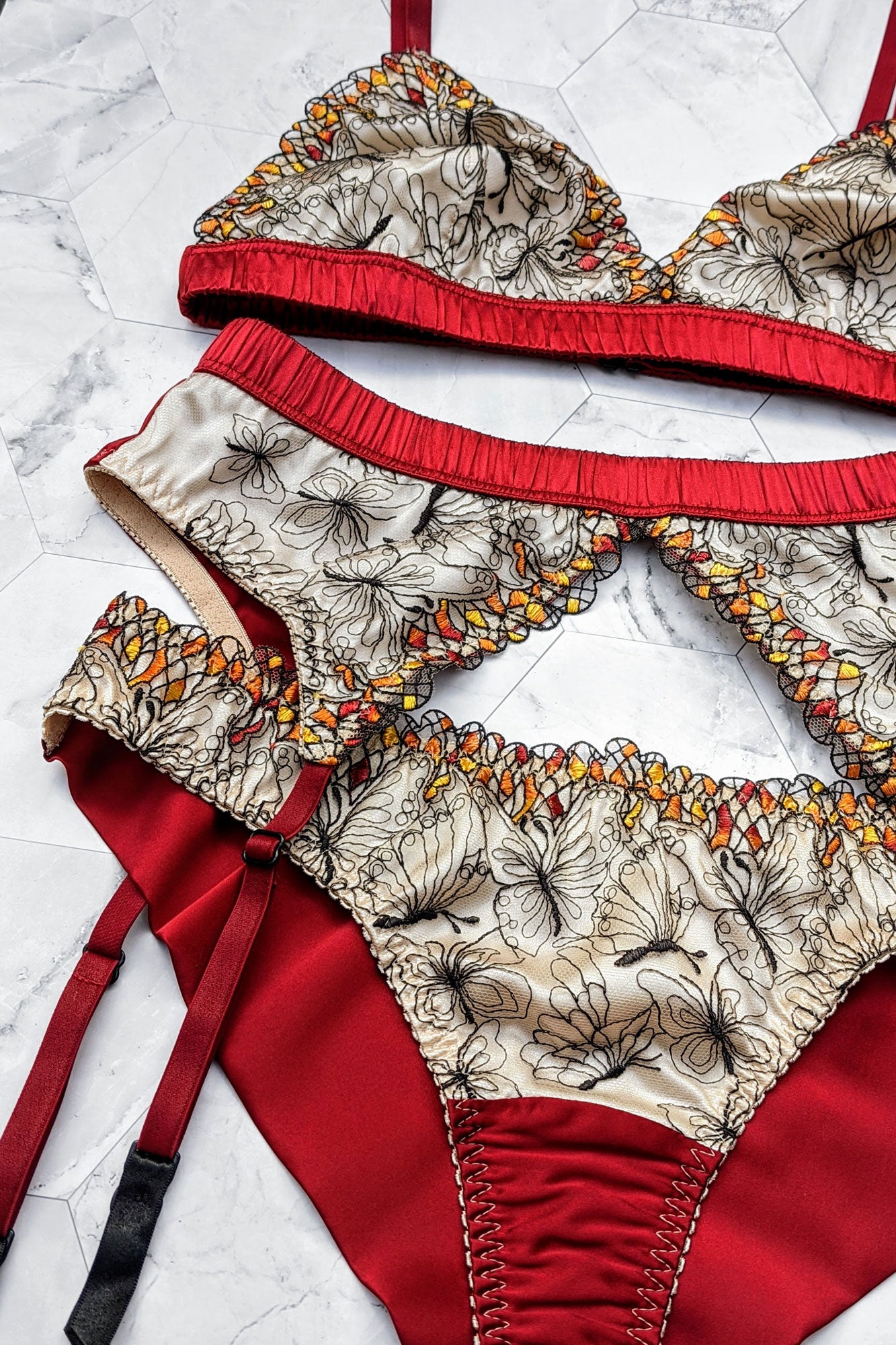Retro silk lingerie set with a red garter belt