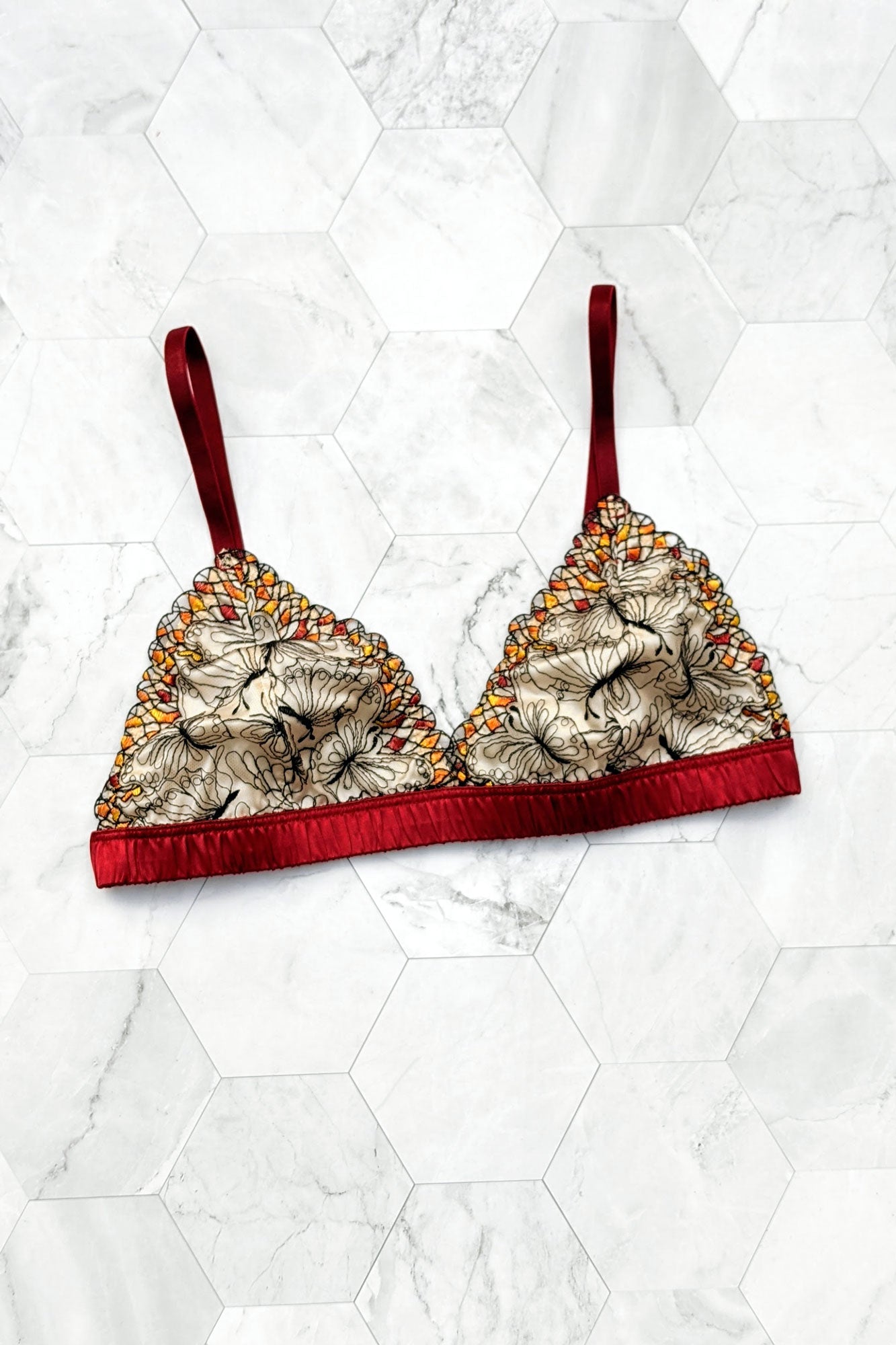Papillon red bralette, handmade by luxury lingerie designer Angela Friedman