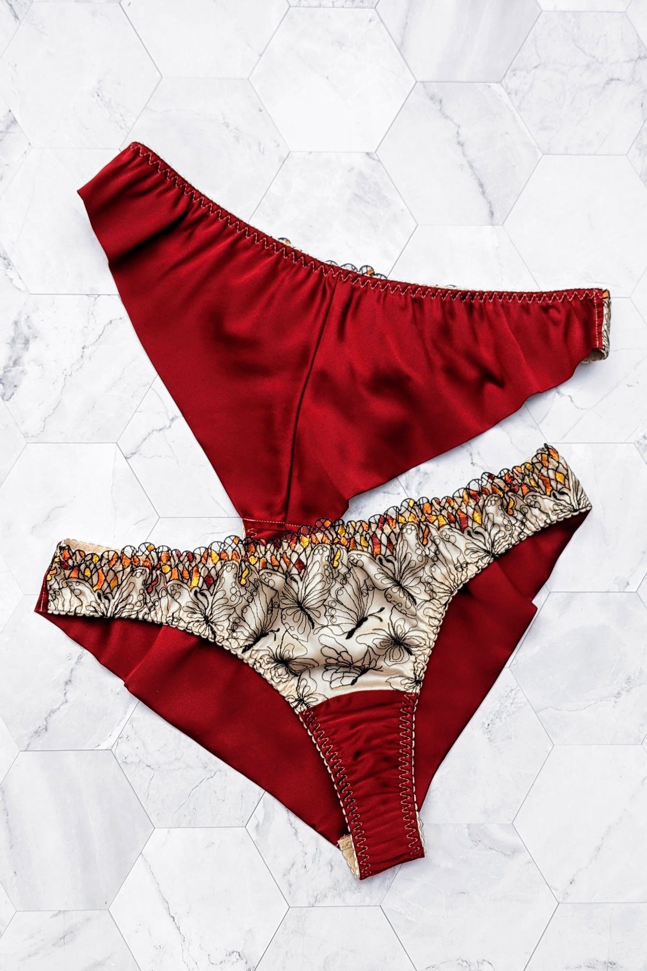 Red silk knickers and embroidered panties