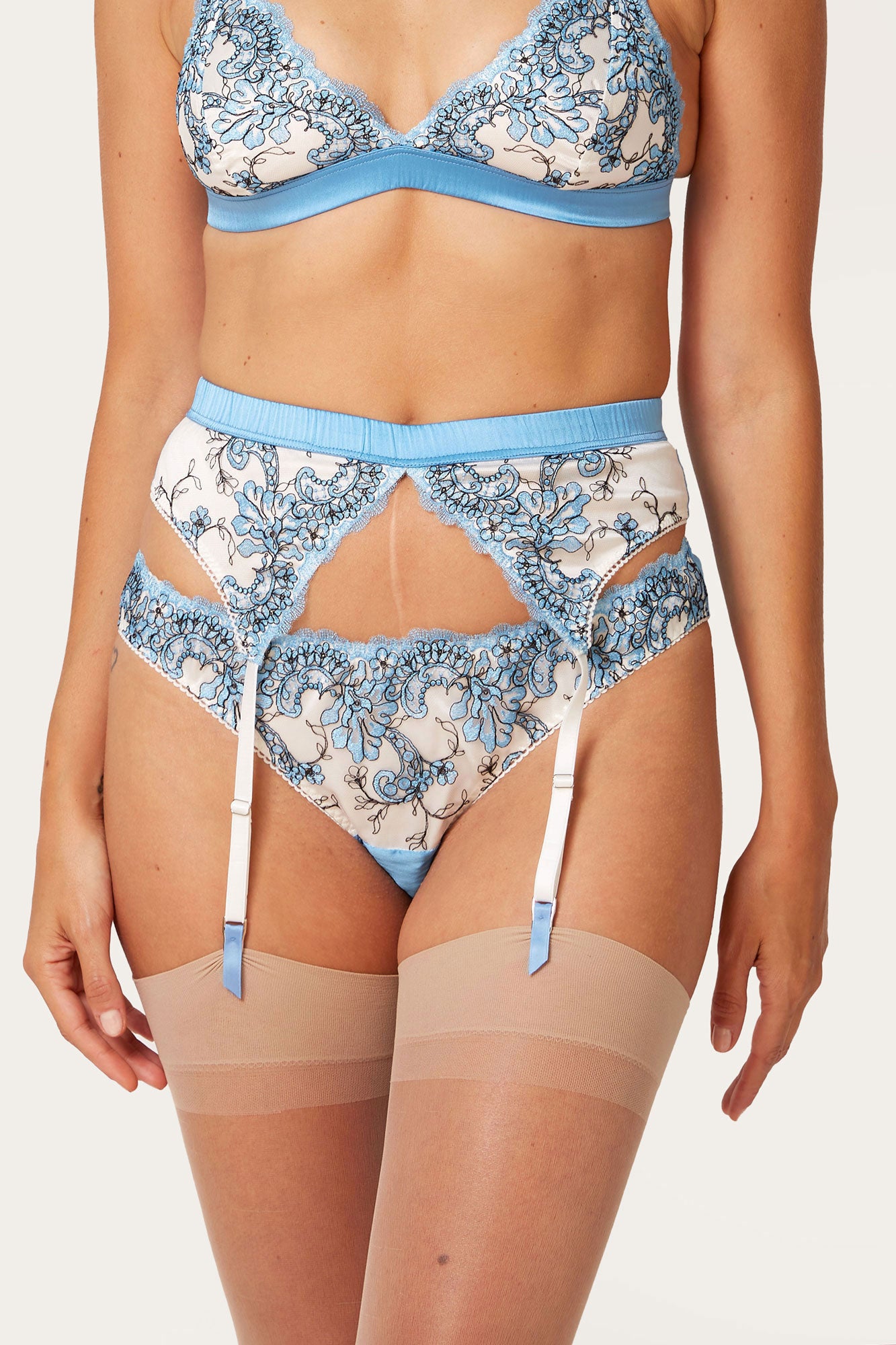 Portia blue silk knickers with floral embroidery in black and white silk