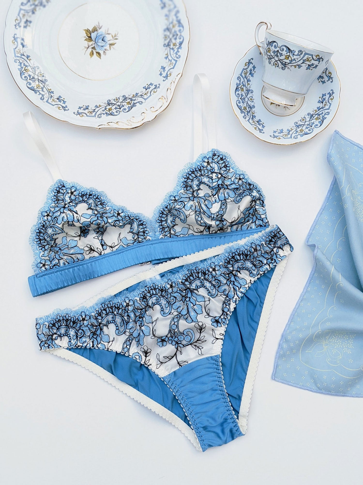 Porcelain inspired lingerie set with a blue china tea set