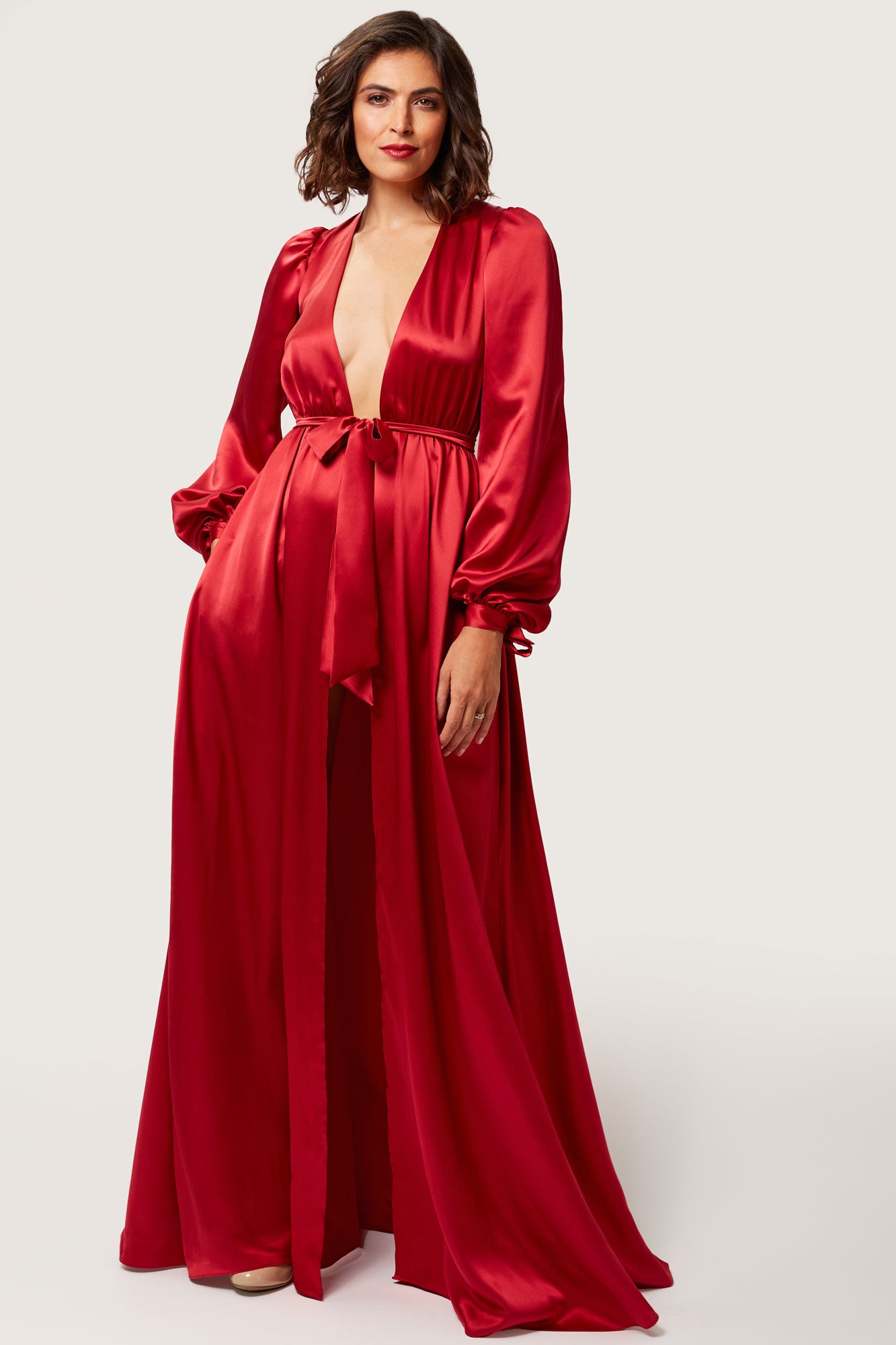 Red silk Simone robe and floor-length dressing gowns in bright blood red