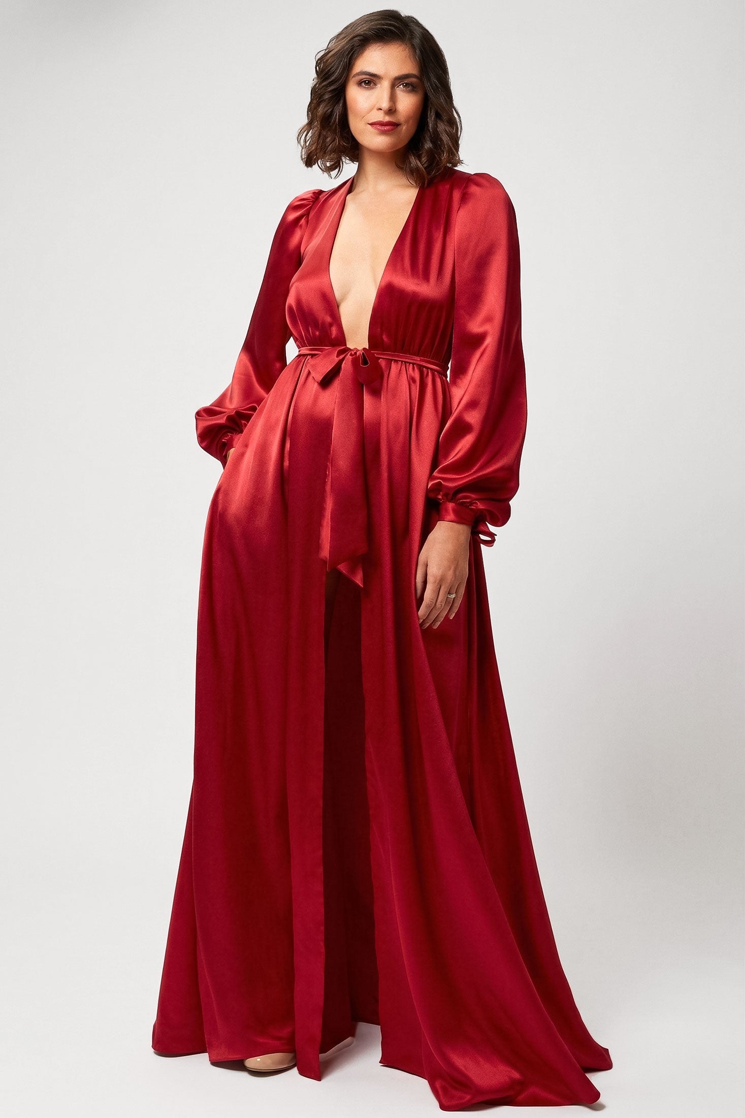 Red silk Simone robe and floor-length dressing gowns in bright blood red