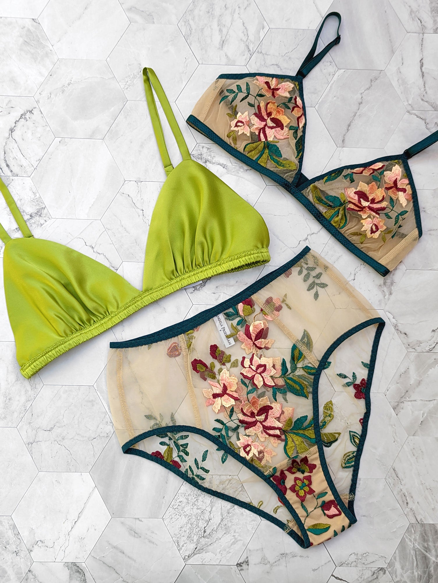 Silk satin bralette with a green embroidered lingerie set