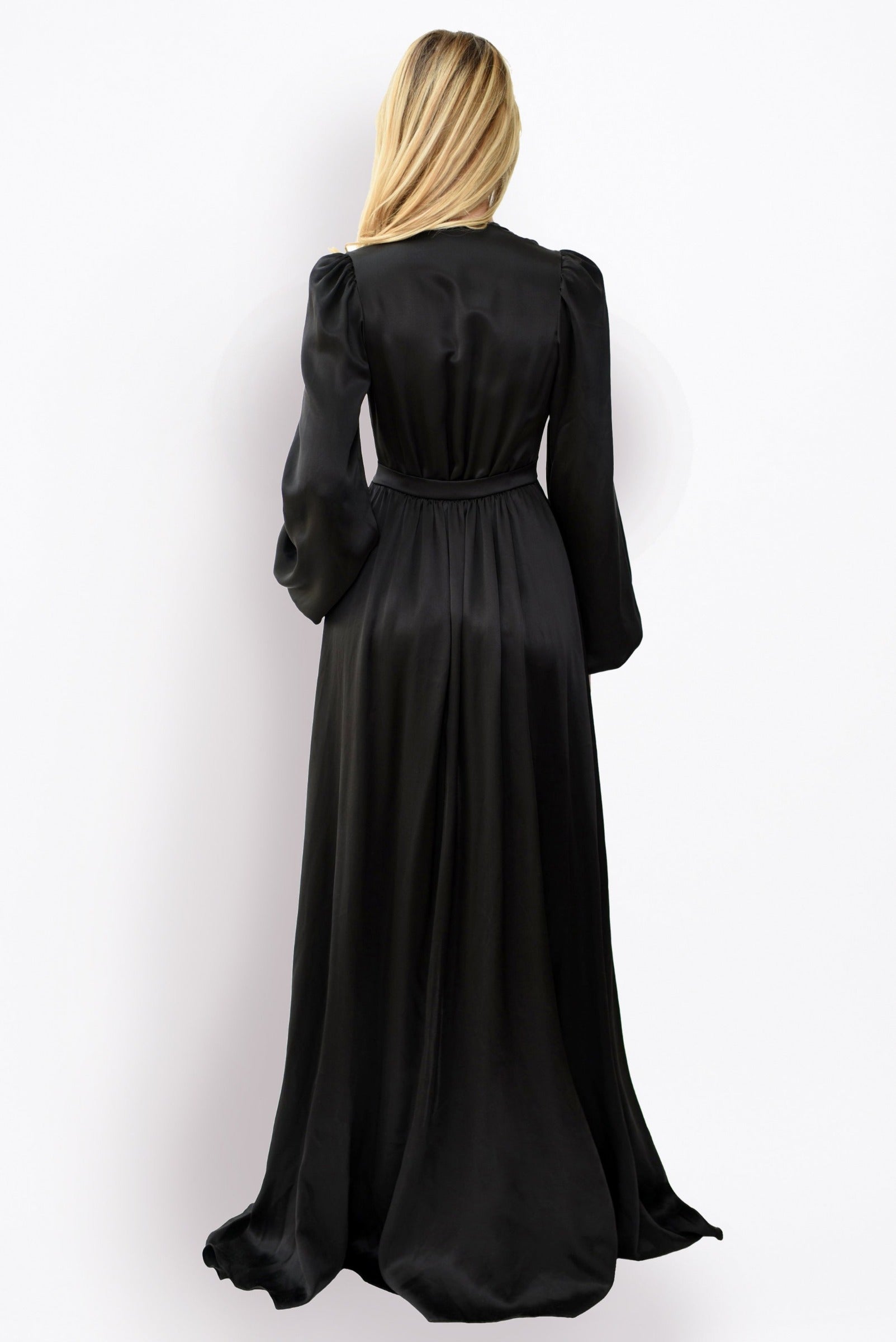 Designer Angela Friedman's Simone long dressing gown in black silk satin