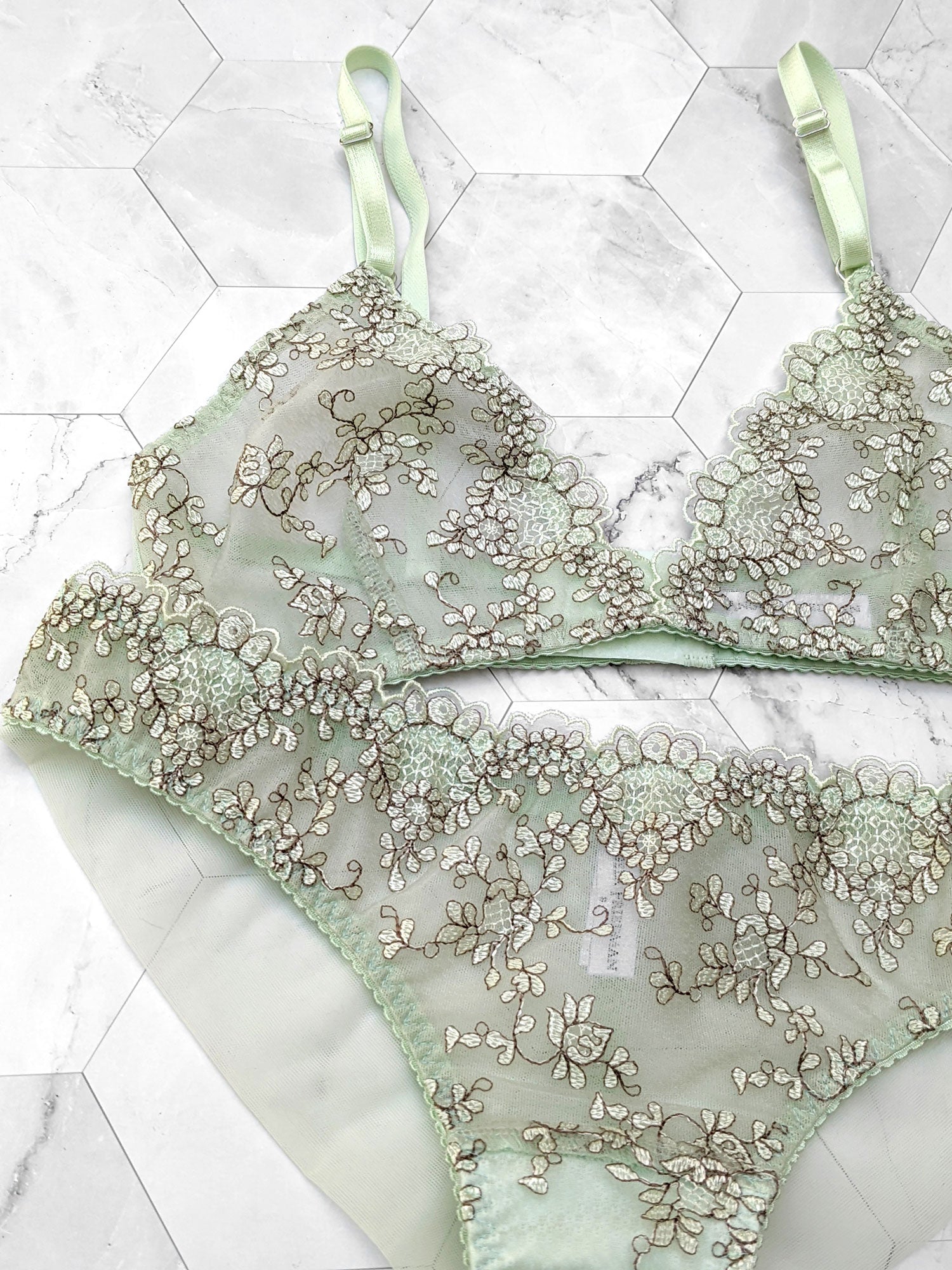 Embroidered green lingerie set with a mesh bralette and panties