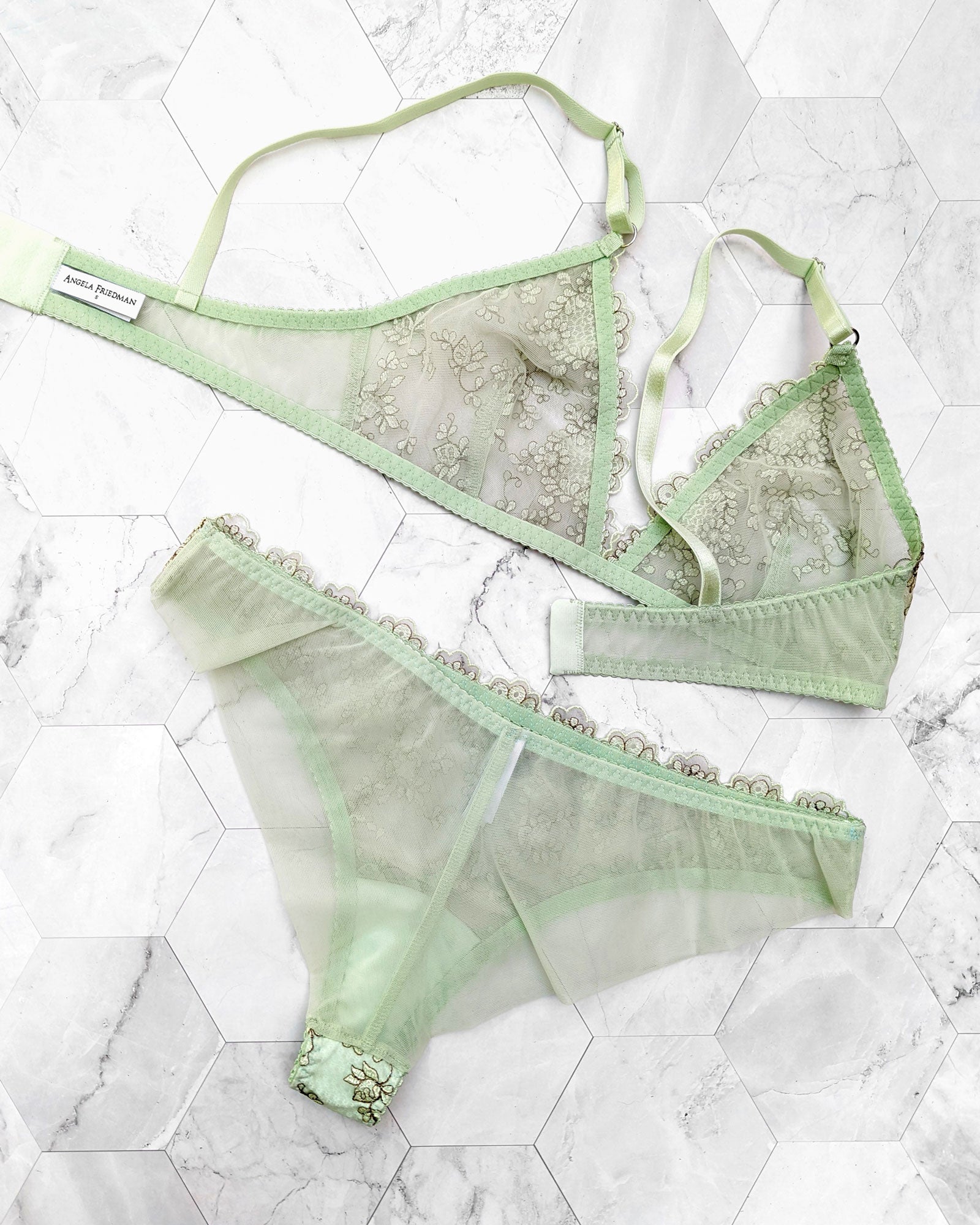 Embroidered mesh lingerie set in pale green with soft stretch mesh and elastics