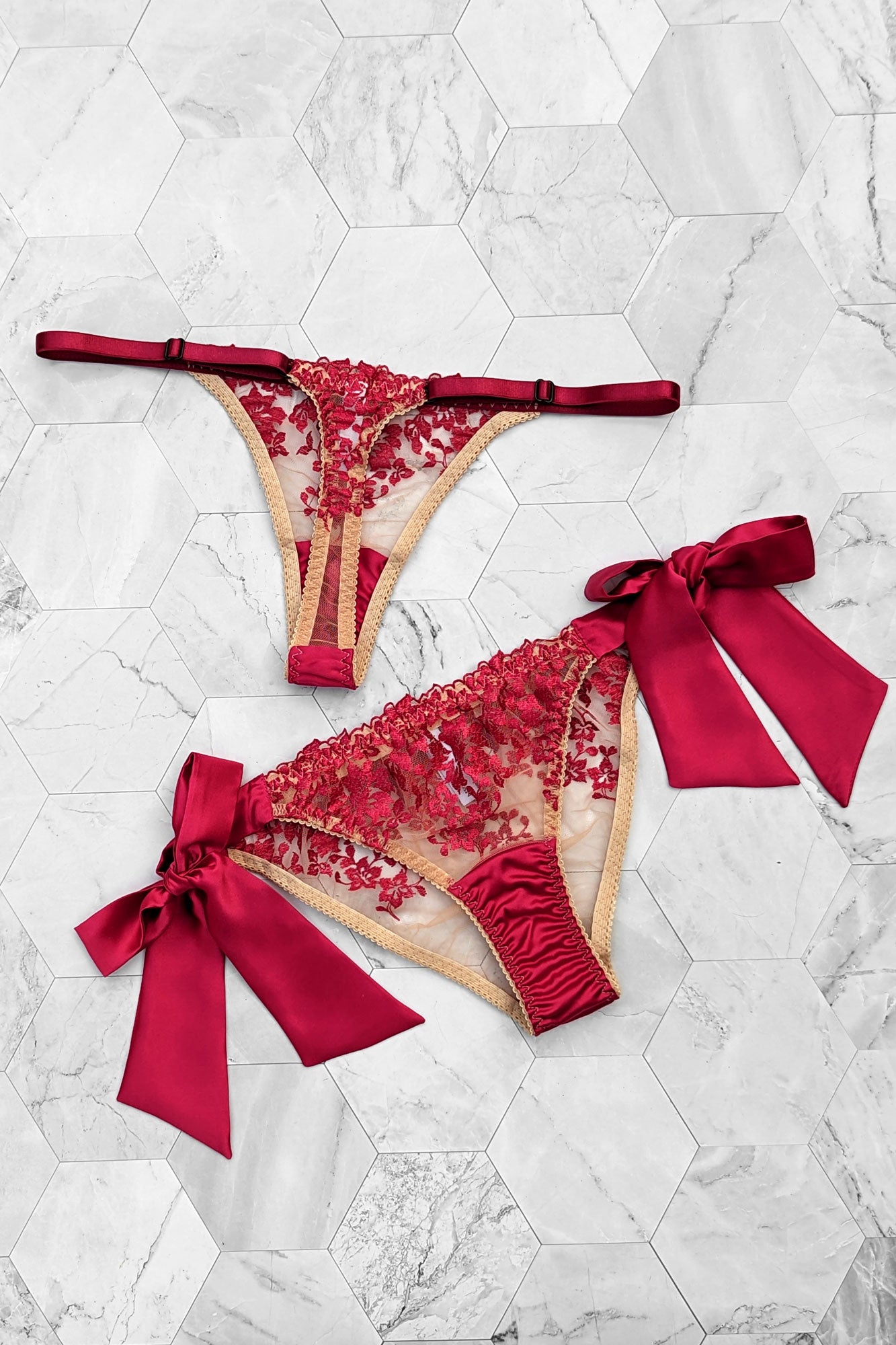Burlesque style lingerie, handmade with red silk and sheer embroidery