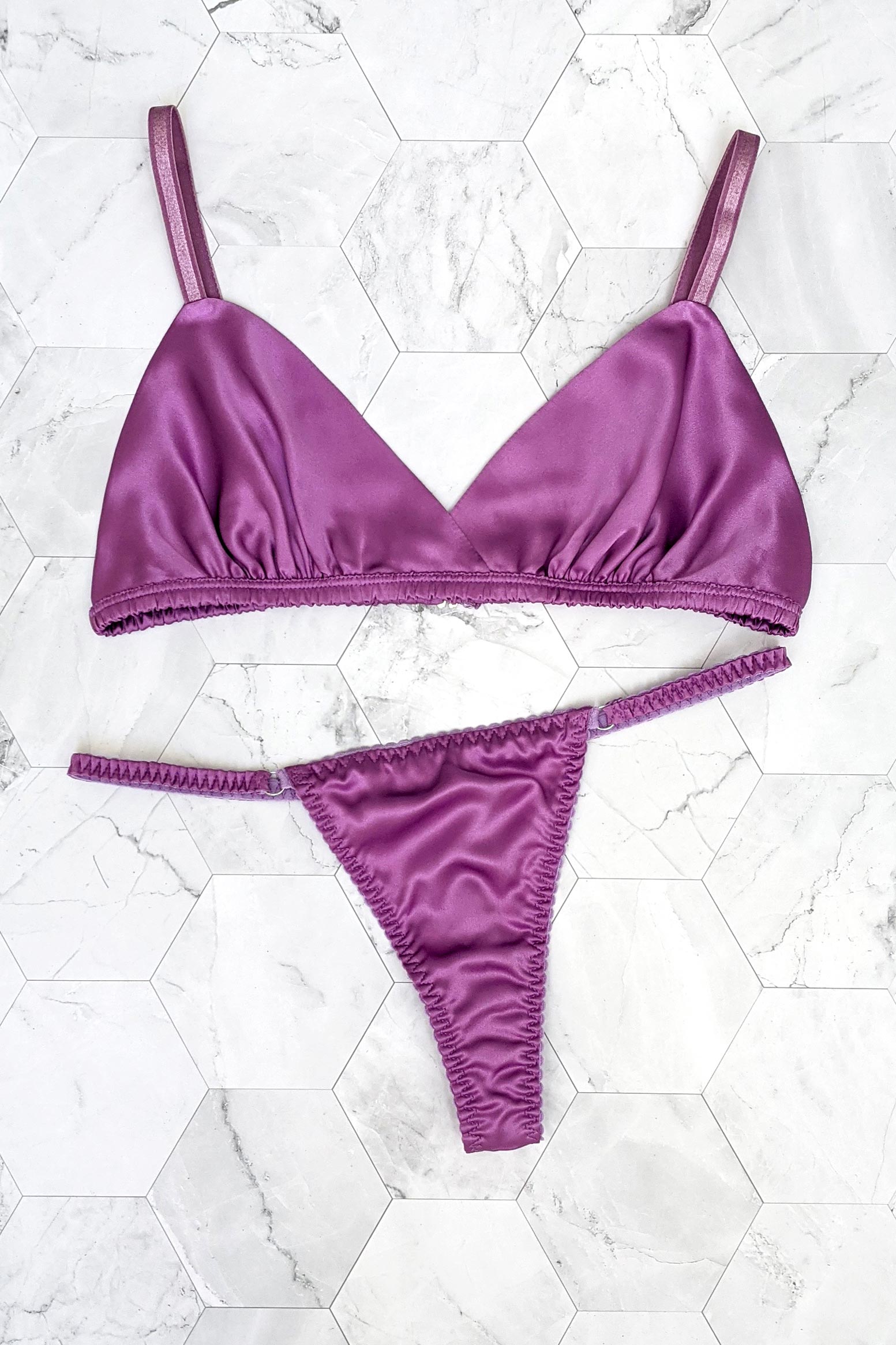 Violet purple bralette and thong in 100% silk