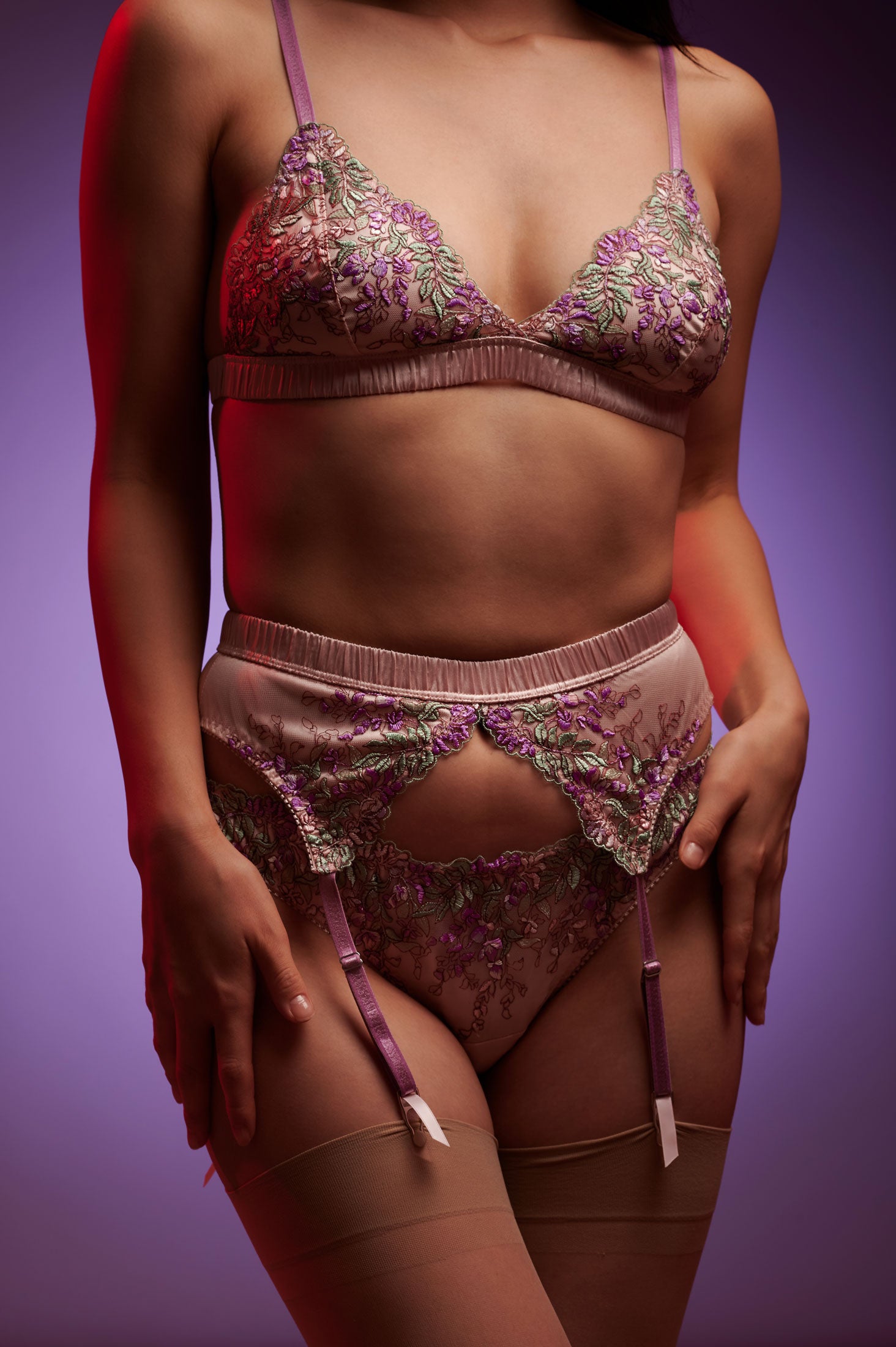 Wisteria lingerie set with a pink floral bralette and embroidered silk underwear