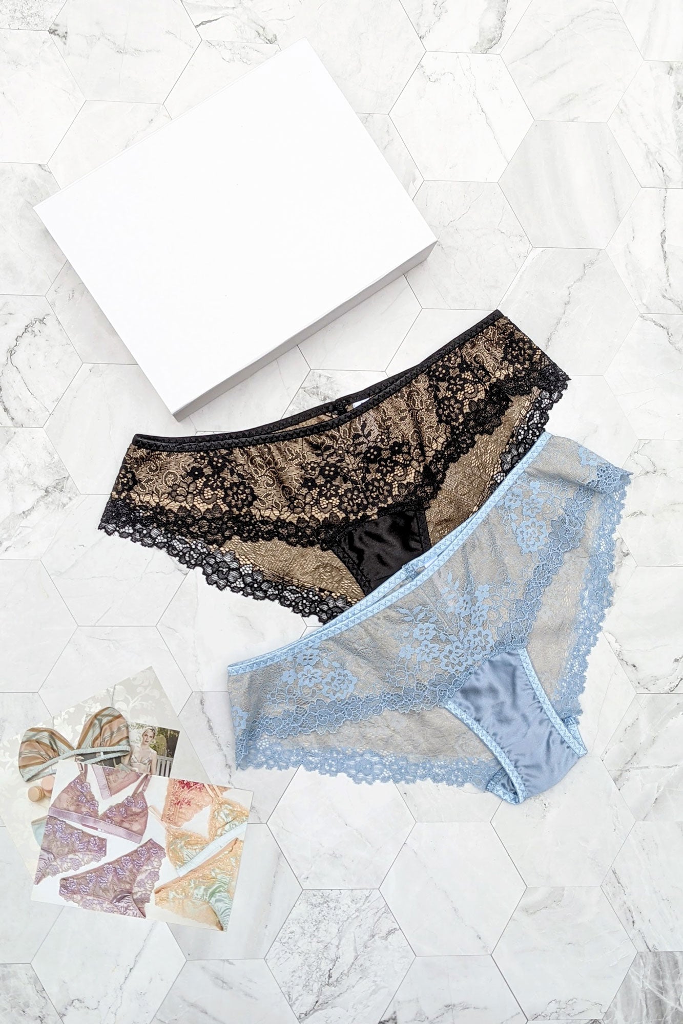 2 panty gift set with black silk and blue lace