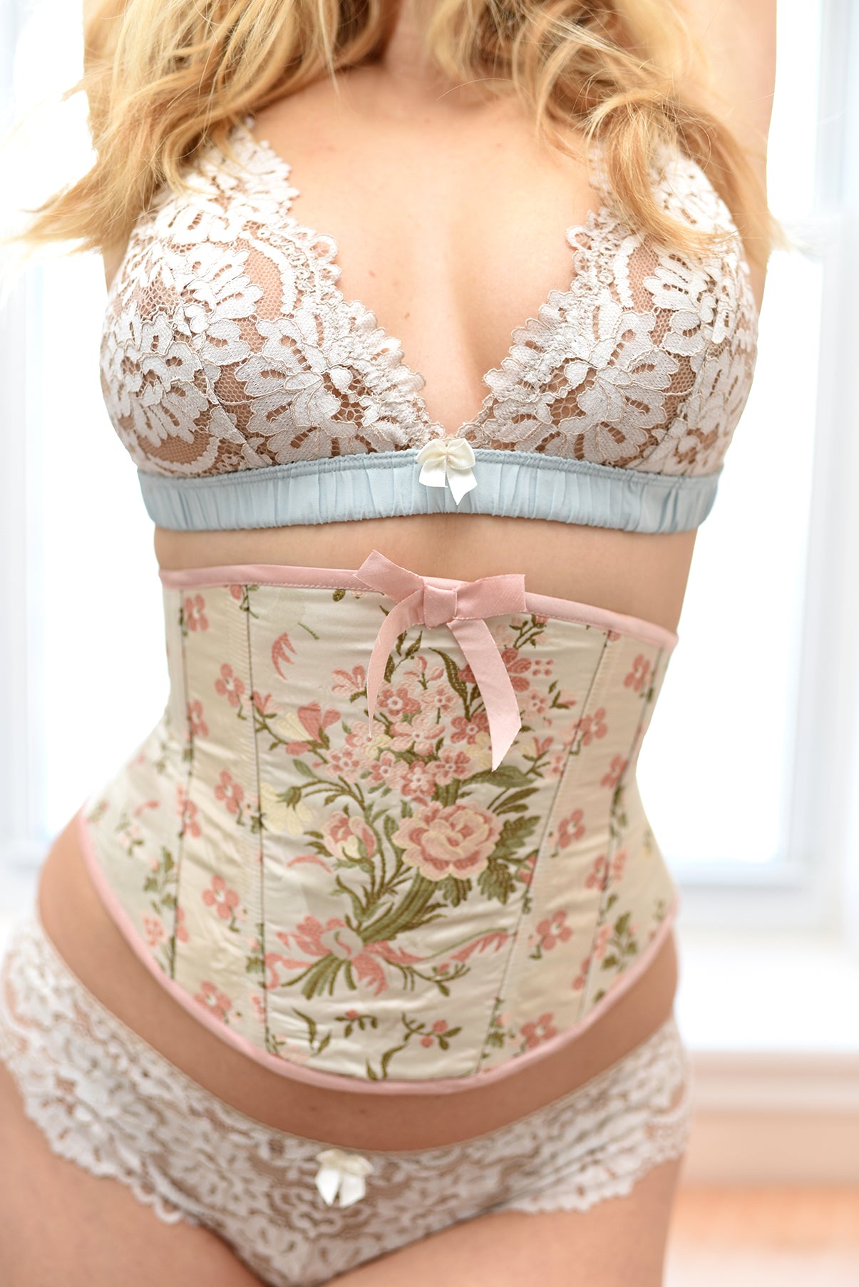 Marie Antoinette style lace bralette and corset waist cincher with floral brocade design