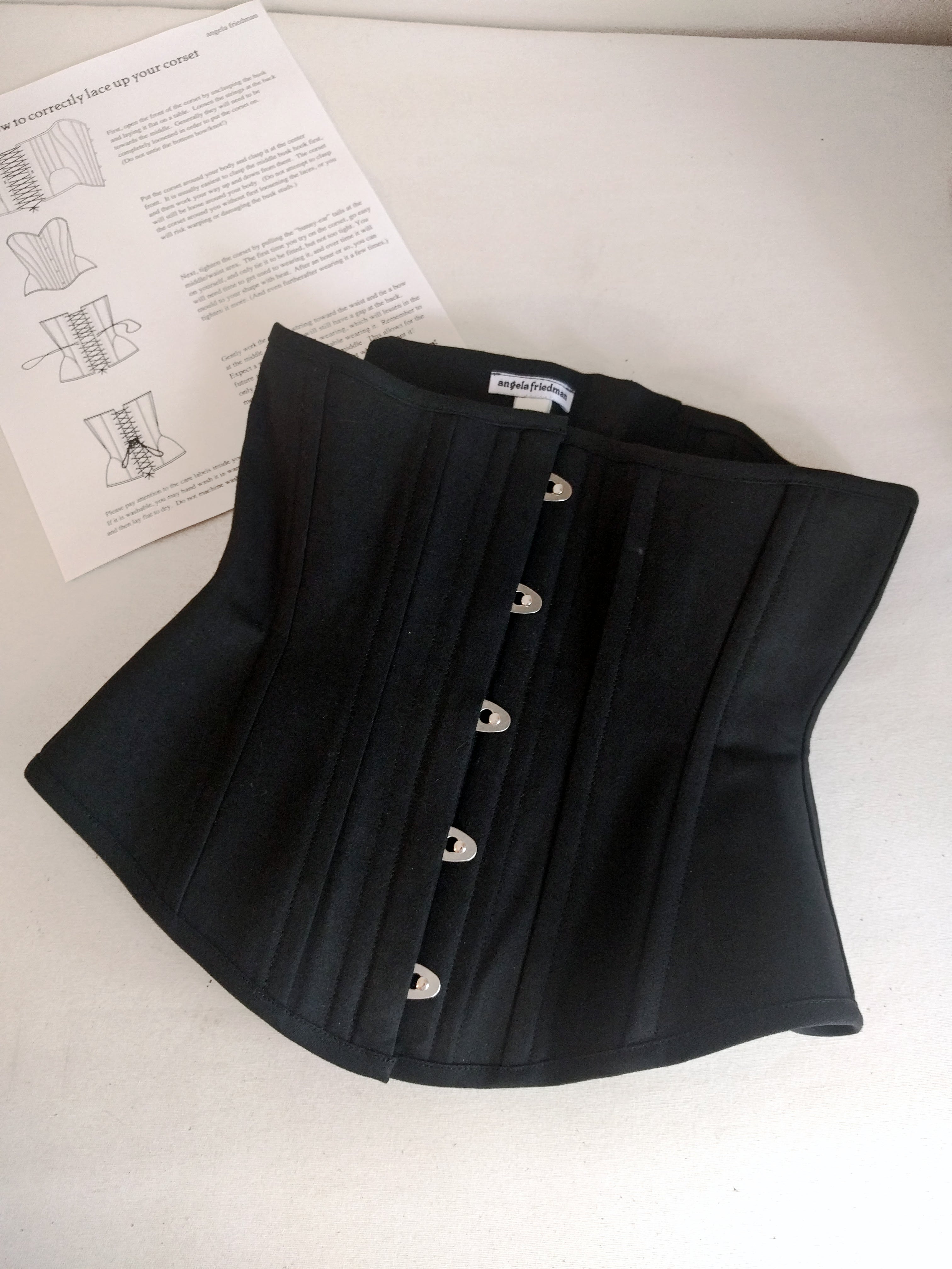 Steel boned authentic underbust corset, handmade in black cotton