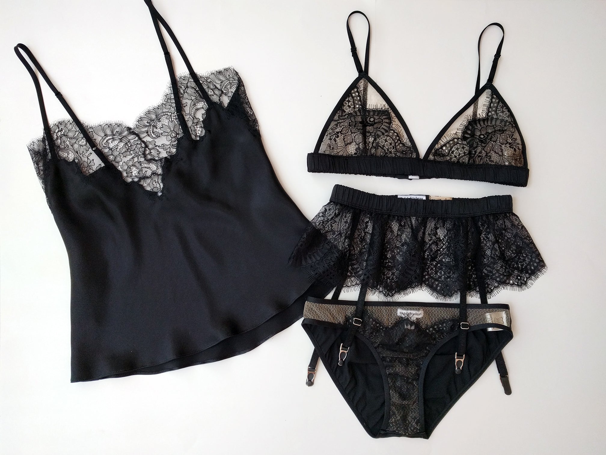 Angela Friedman luxury designer camisole and black lace underwear sets