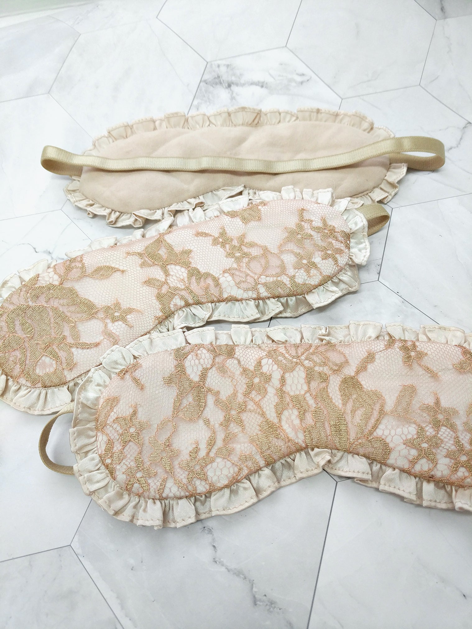 Blush pink sleepmasks in 100% silk with gold french lace and ruffles