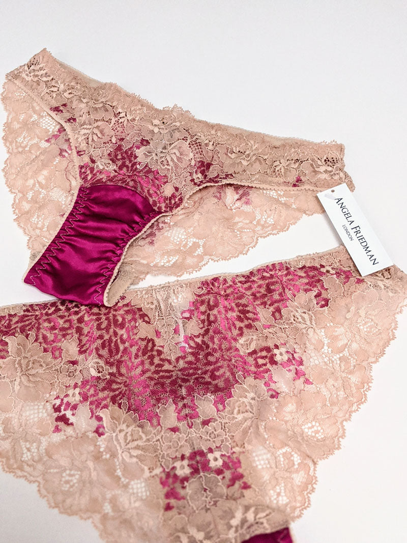 Magenta and beige lace panties and retro silk underwear set