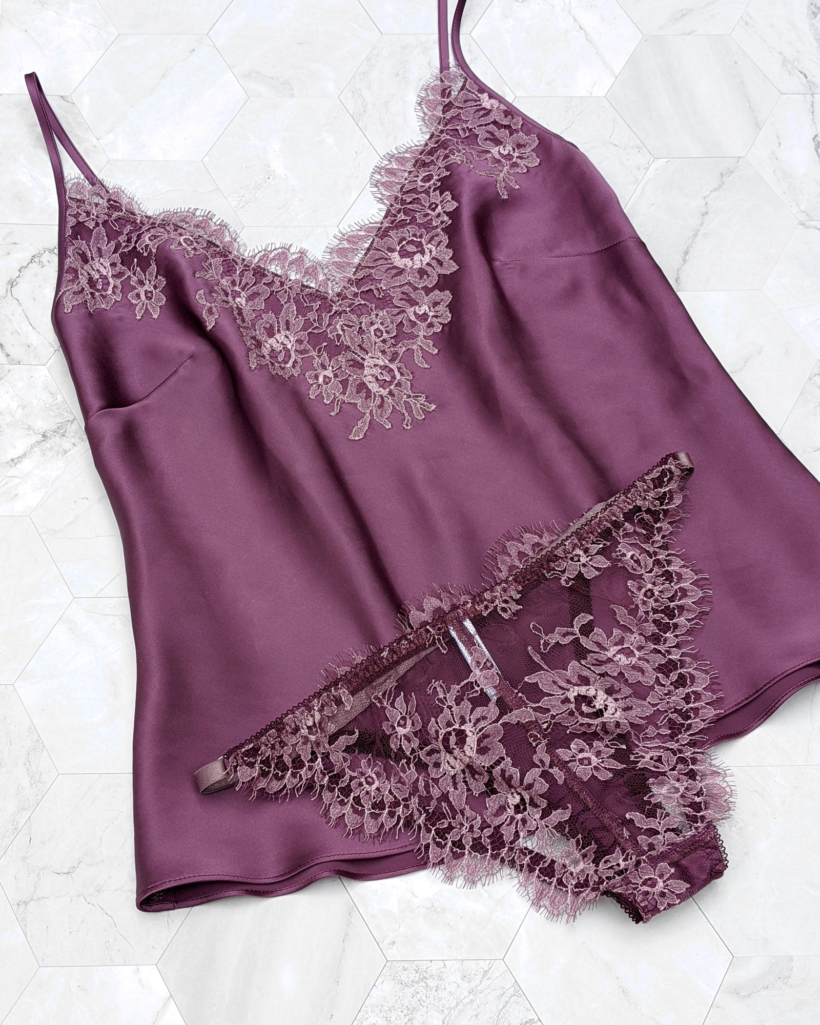 French lace knickers and purple silk camisole set