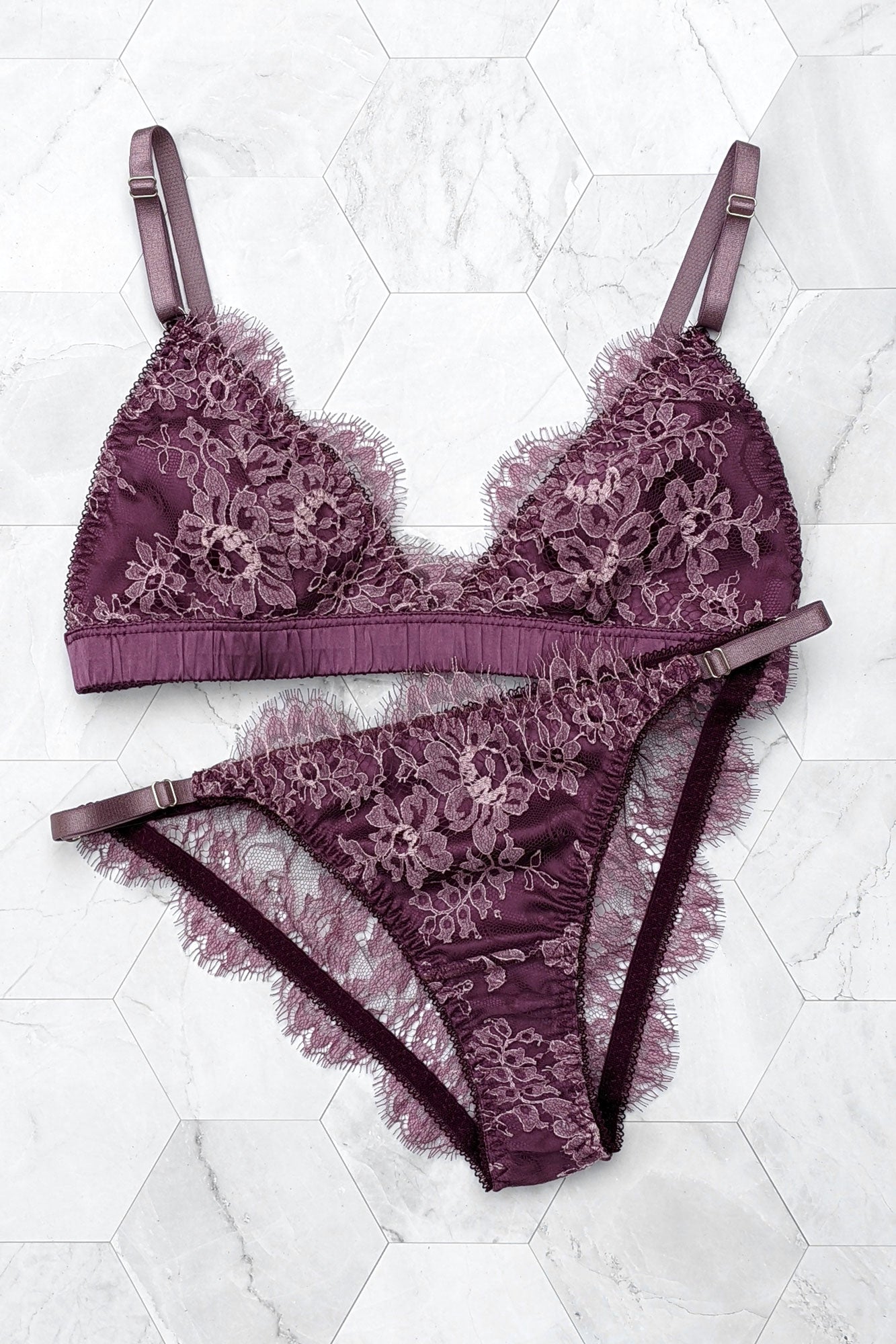 Damson purple bralette and French lace panties