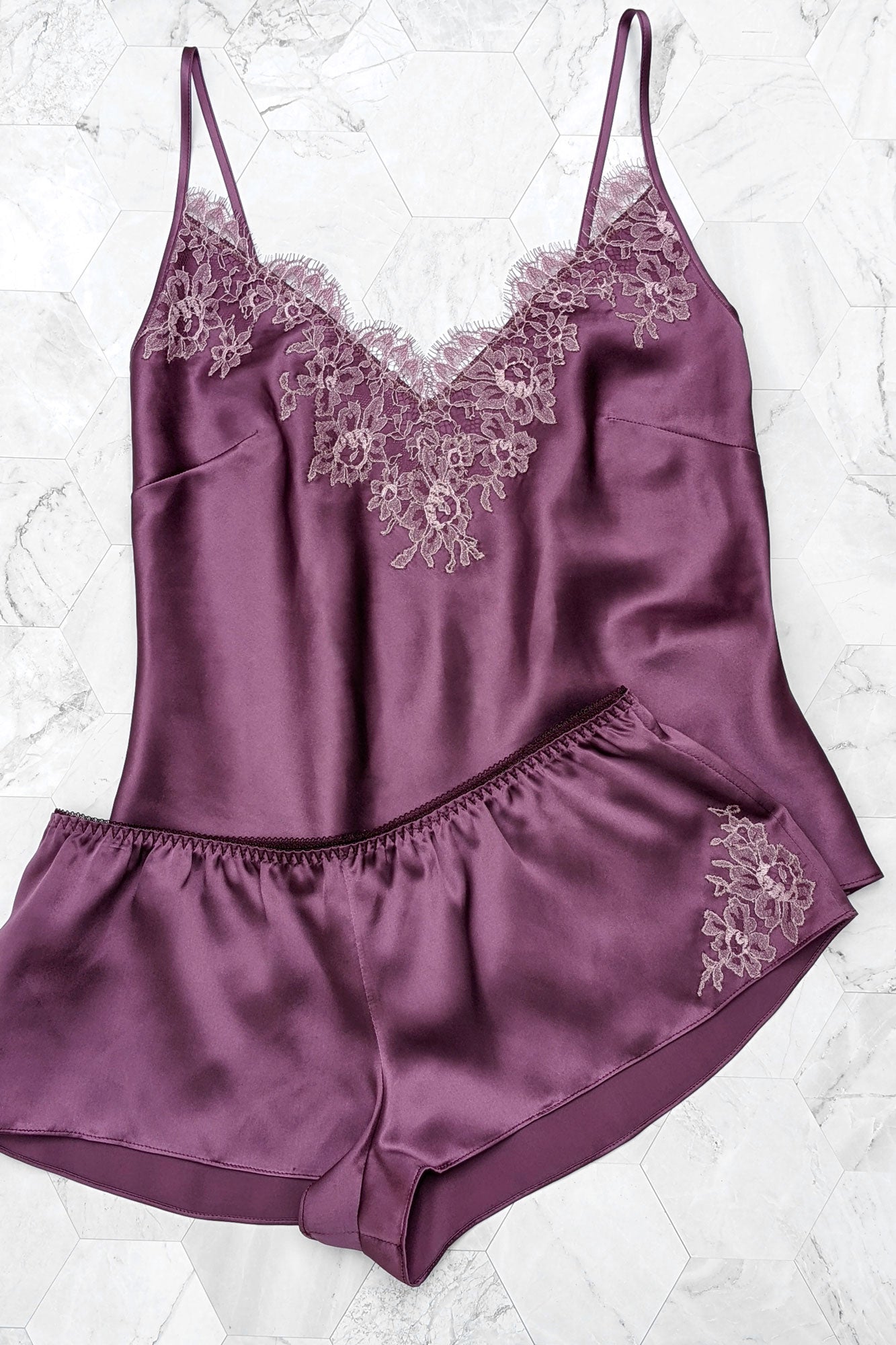 Purple silk loungewear set with satin french knickers