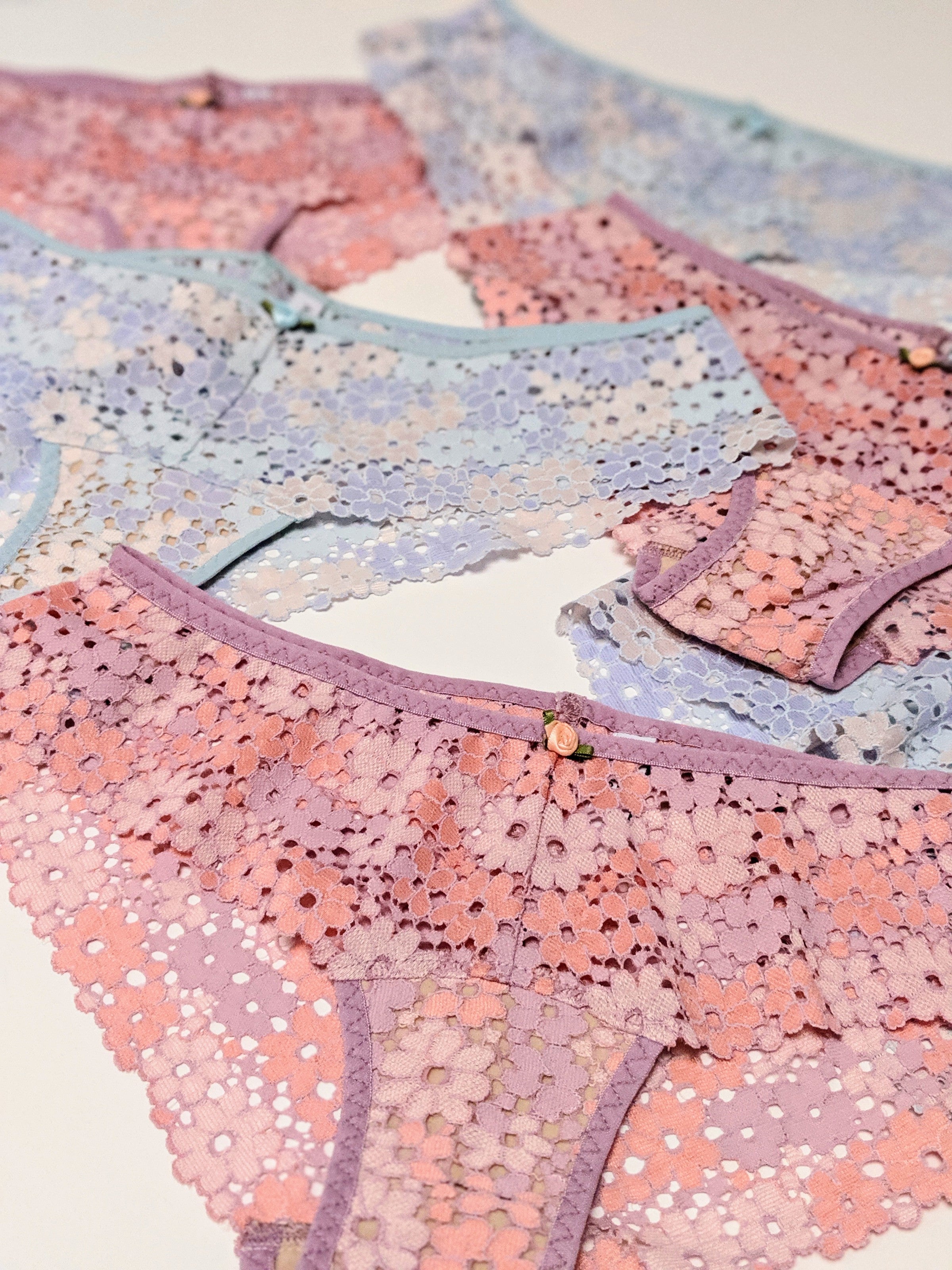 Blue and pink lace underwear set by designer Angela Friedman