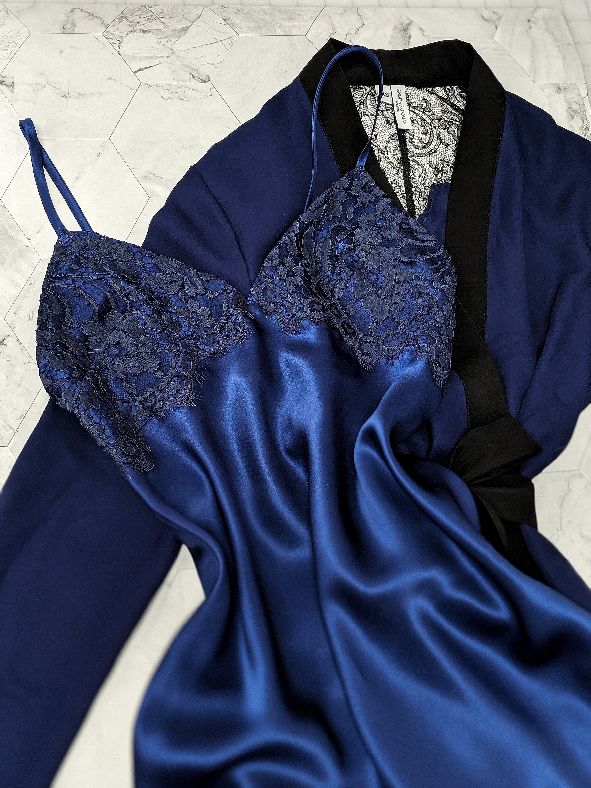 Silk bias-cut slip and french lace robe in navy blue