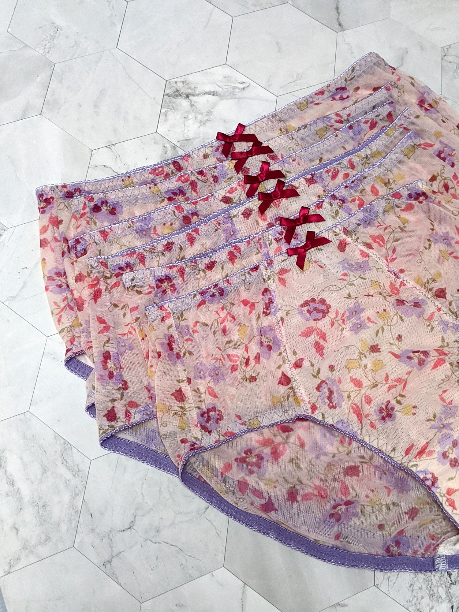 Floral printed, hi waist panties with purple and red bows and mesh