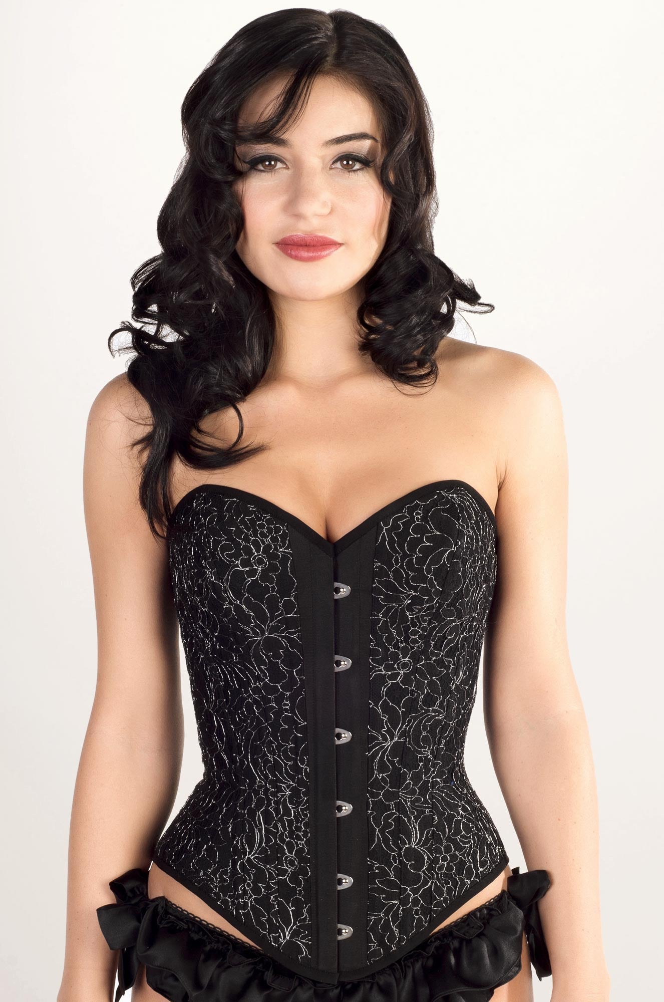 Black lace Lavinia corset in the old hollywood style with silver trim