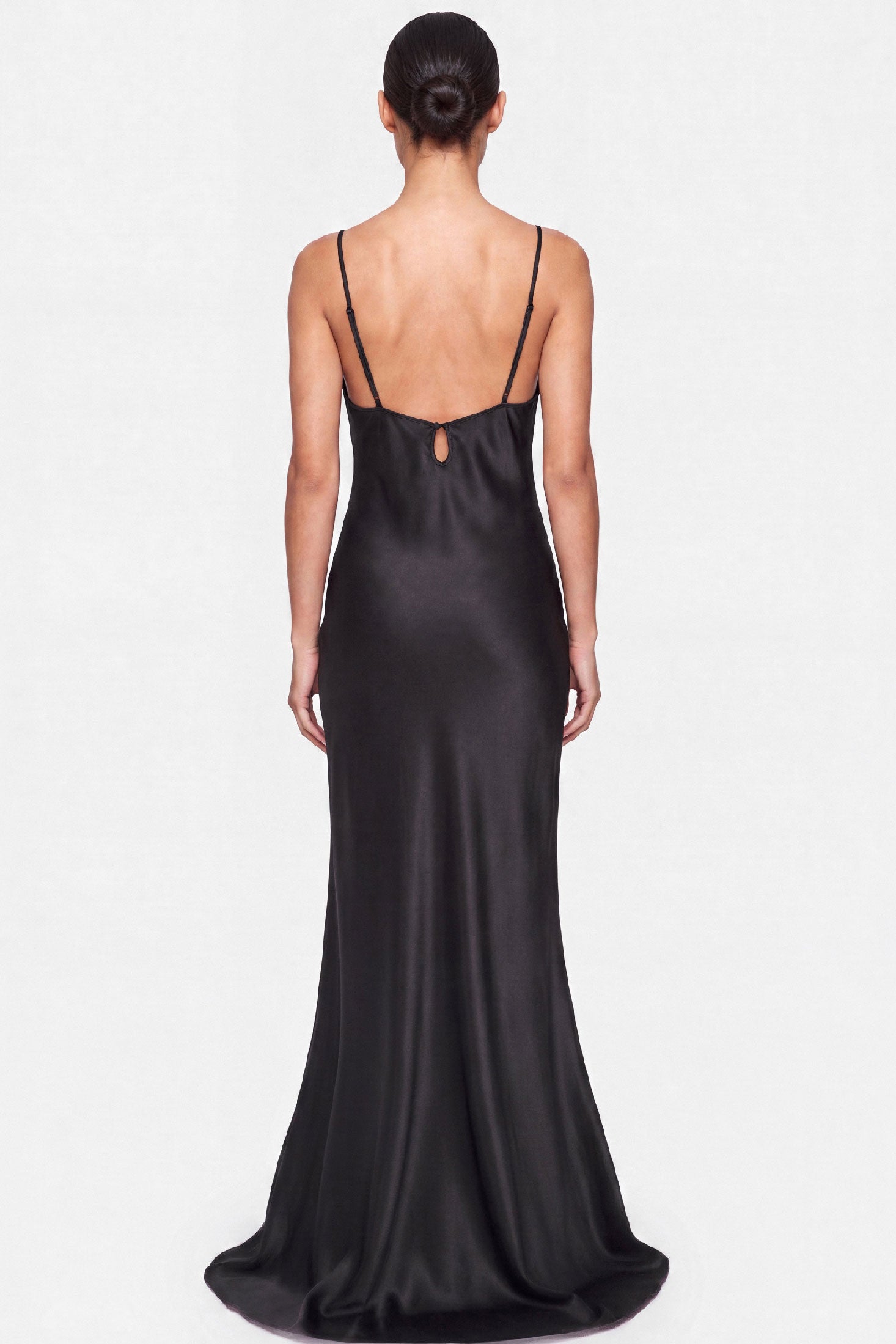 Black silk satin night gown by luxury designer Angela Friedman
