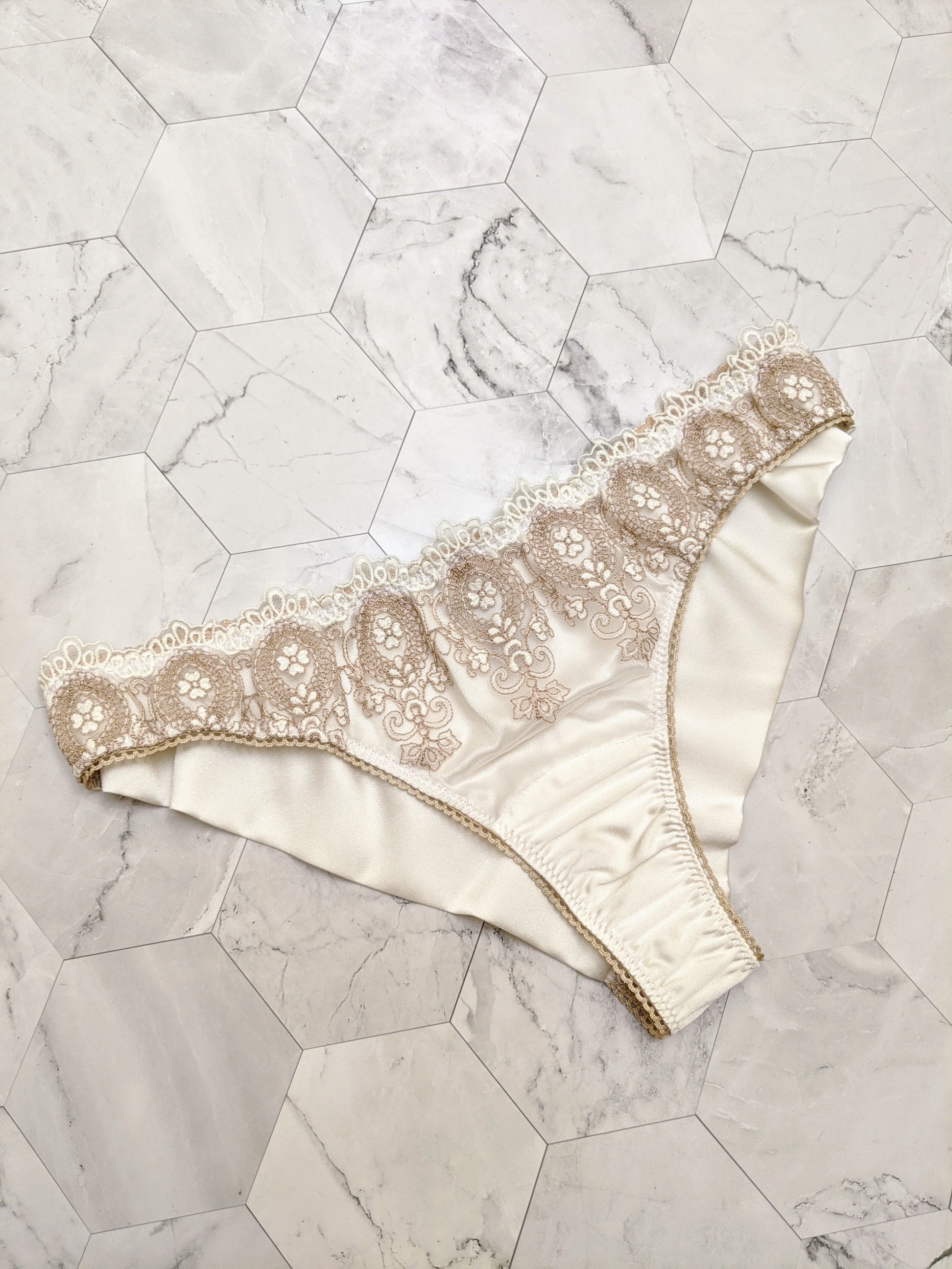 White silk and lace, luxury knickers with vintage inspired embroidery