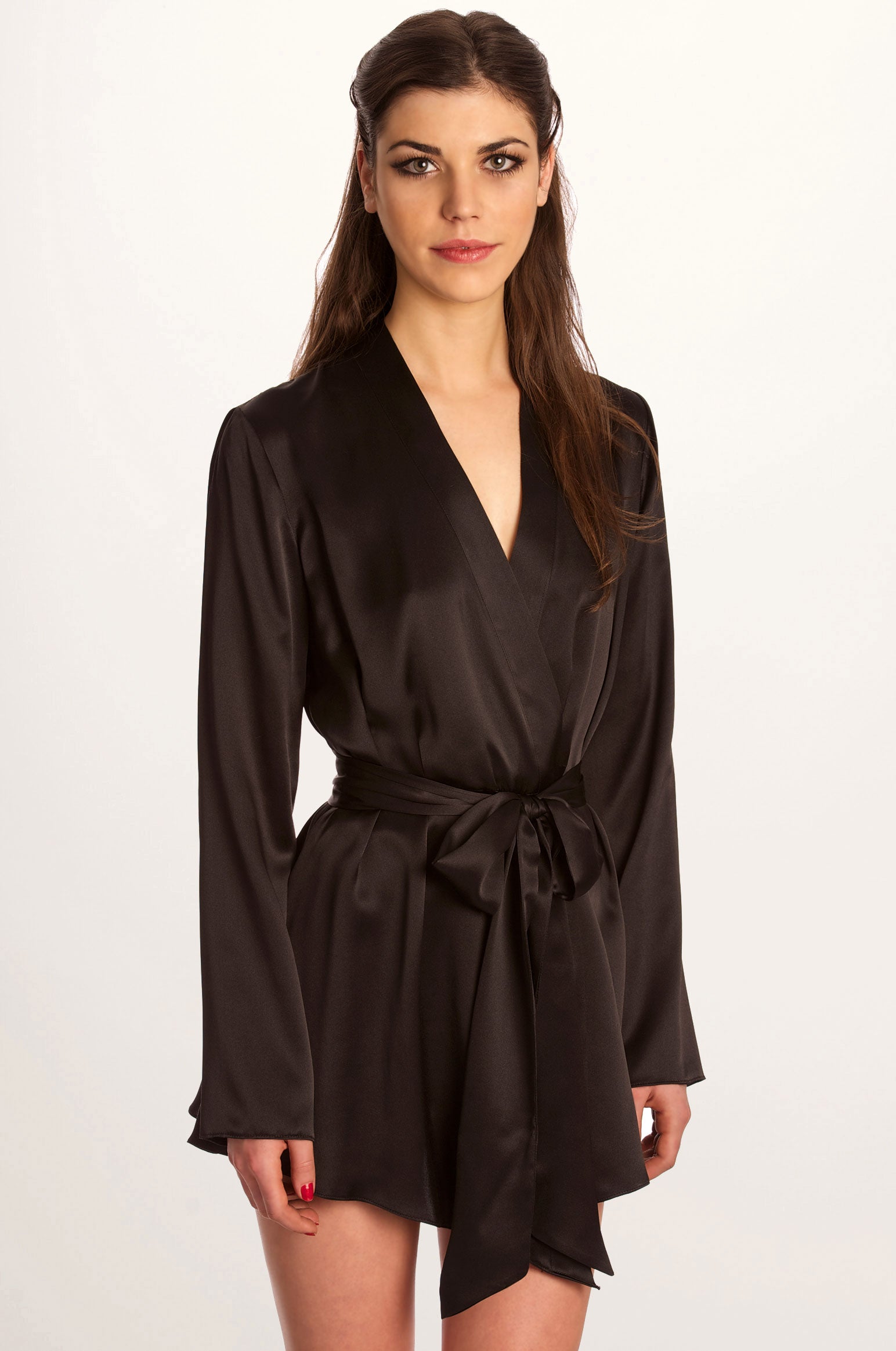 Musette black silk satin robe by Angela Friedman