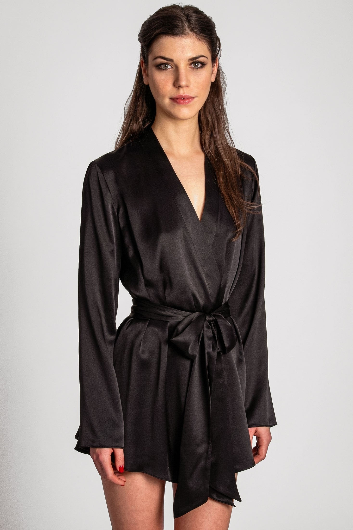 Musette black silk satin robe by Angela Friedman