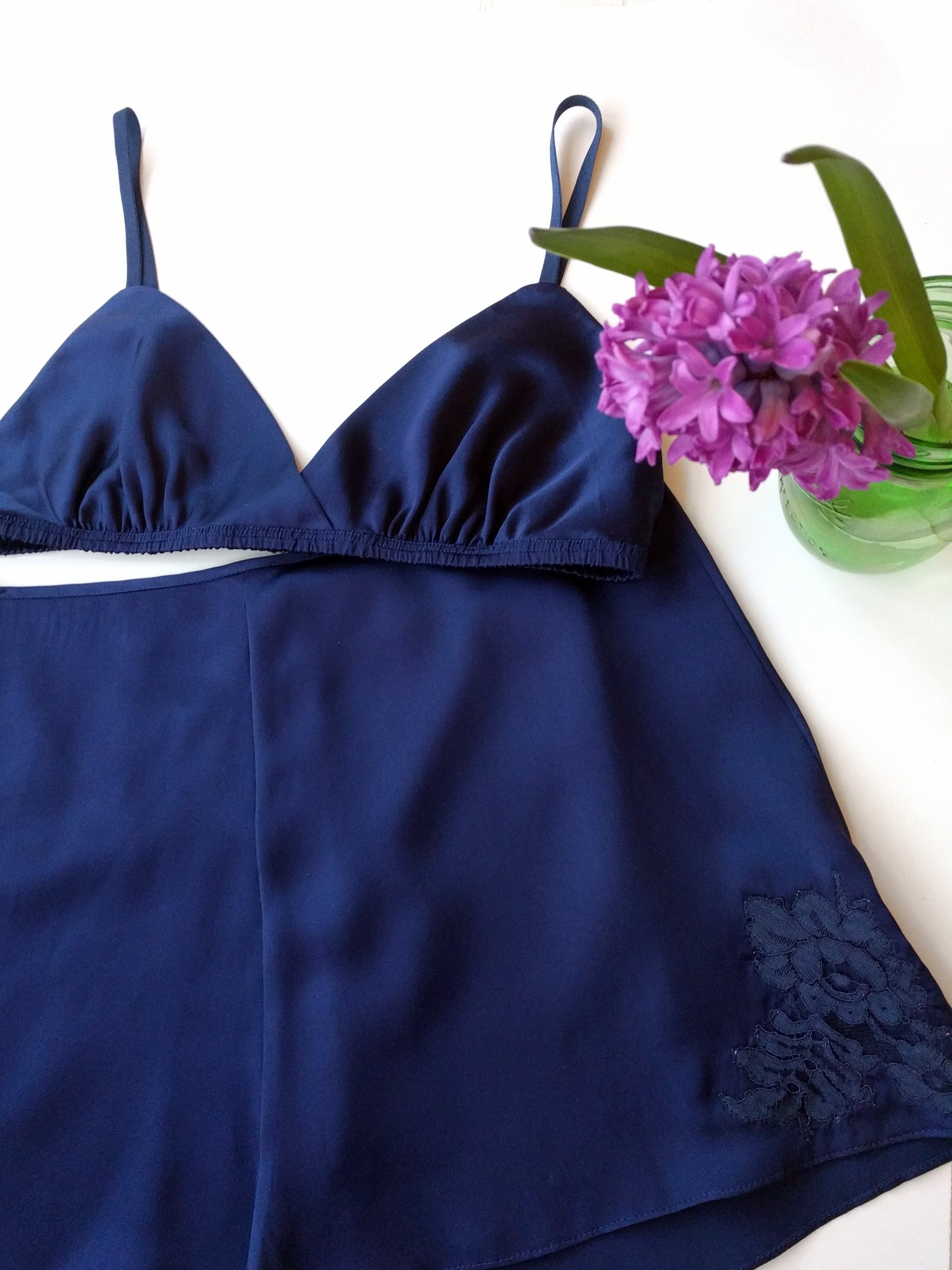 Vintage style silk bra and tap pants in navy blue satin