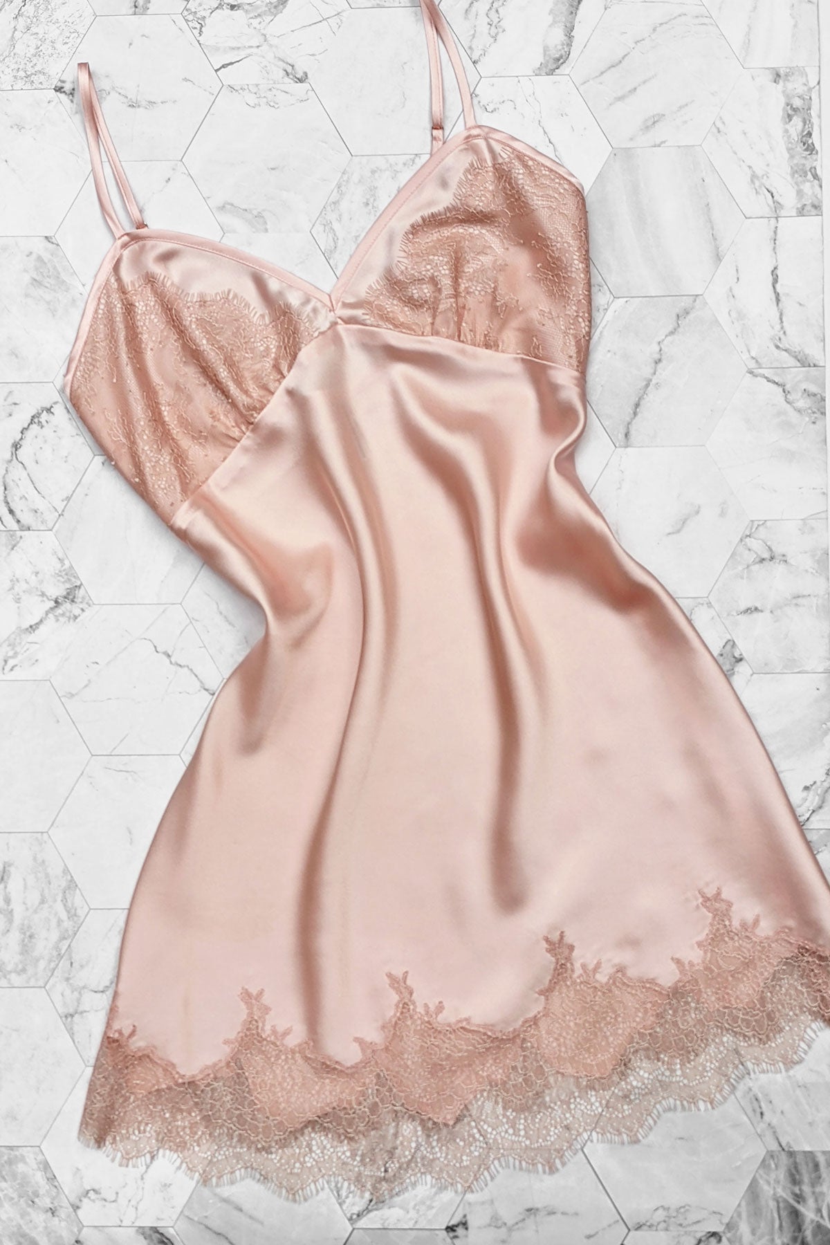Pink silk slip dress with couture lace applique edging