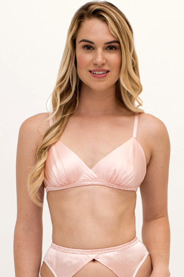 Luxury, silk and French lace bralettes in blush pink