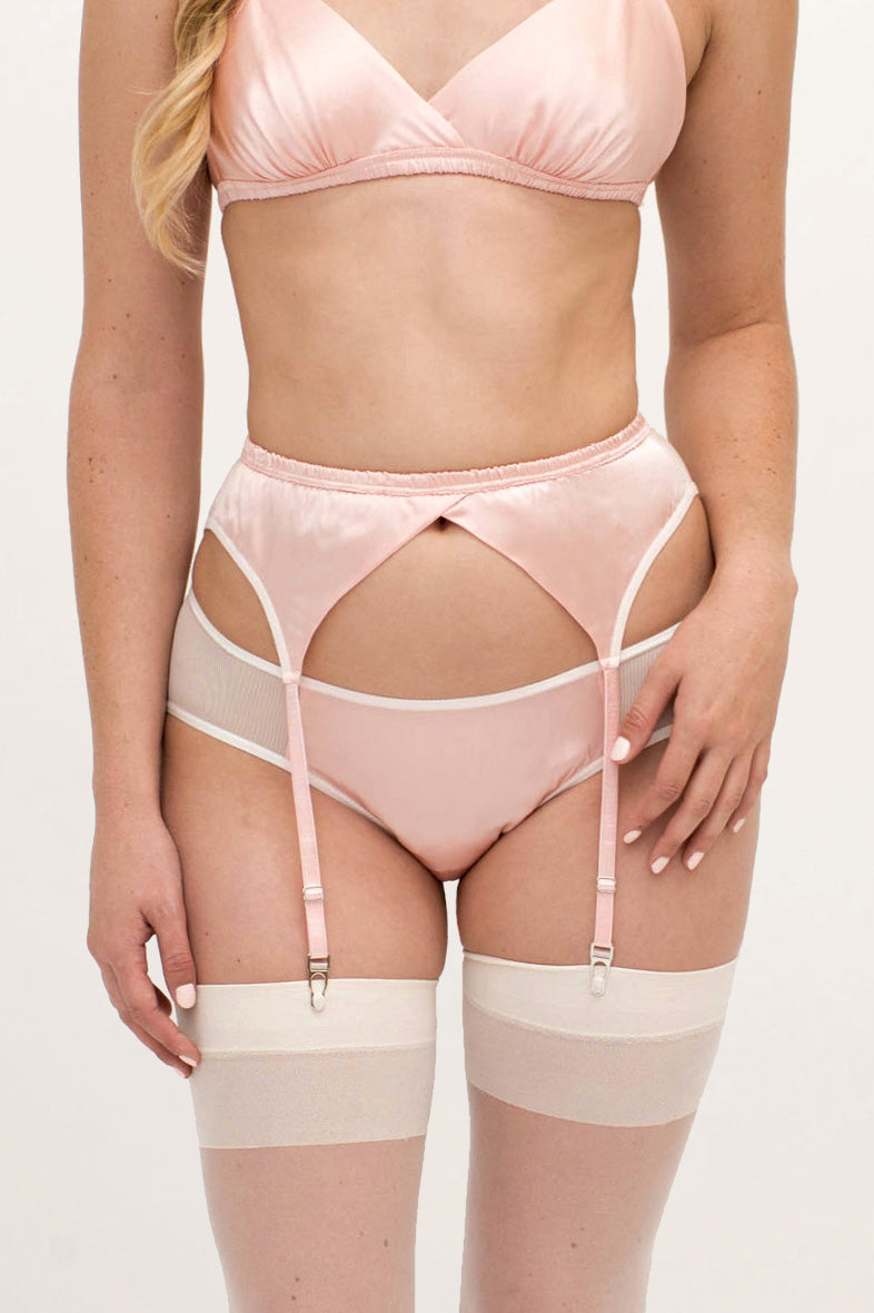 Pink silk lingerie set with stockings