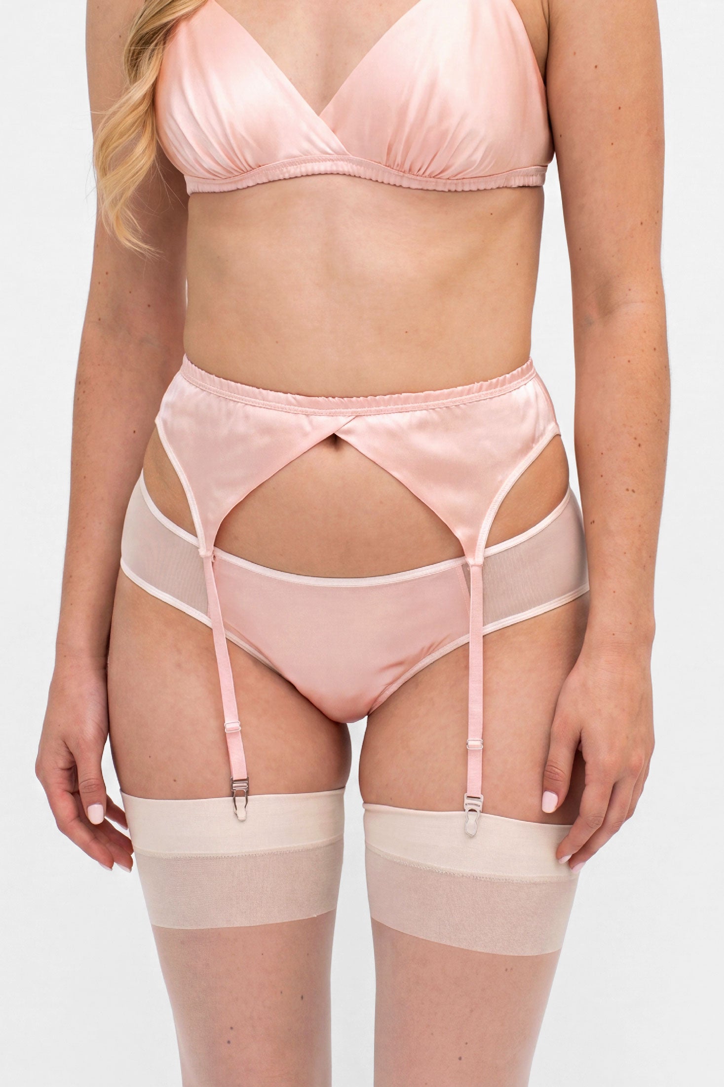 Pink silk lingerie set with stockings
