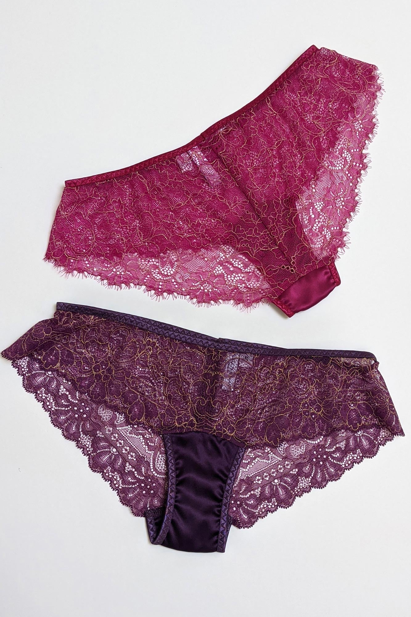 Designer pink, purple, and gold lace knickers