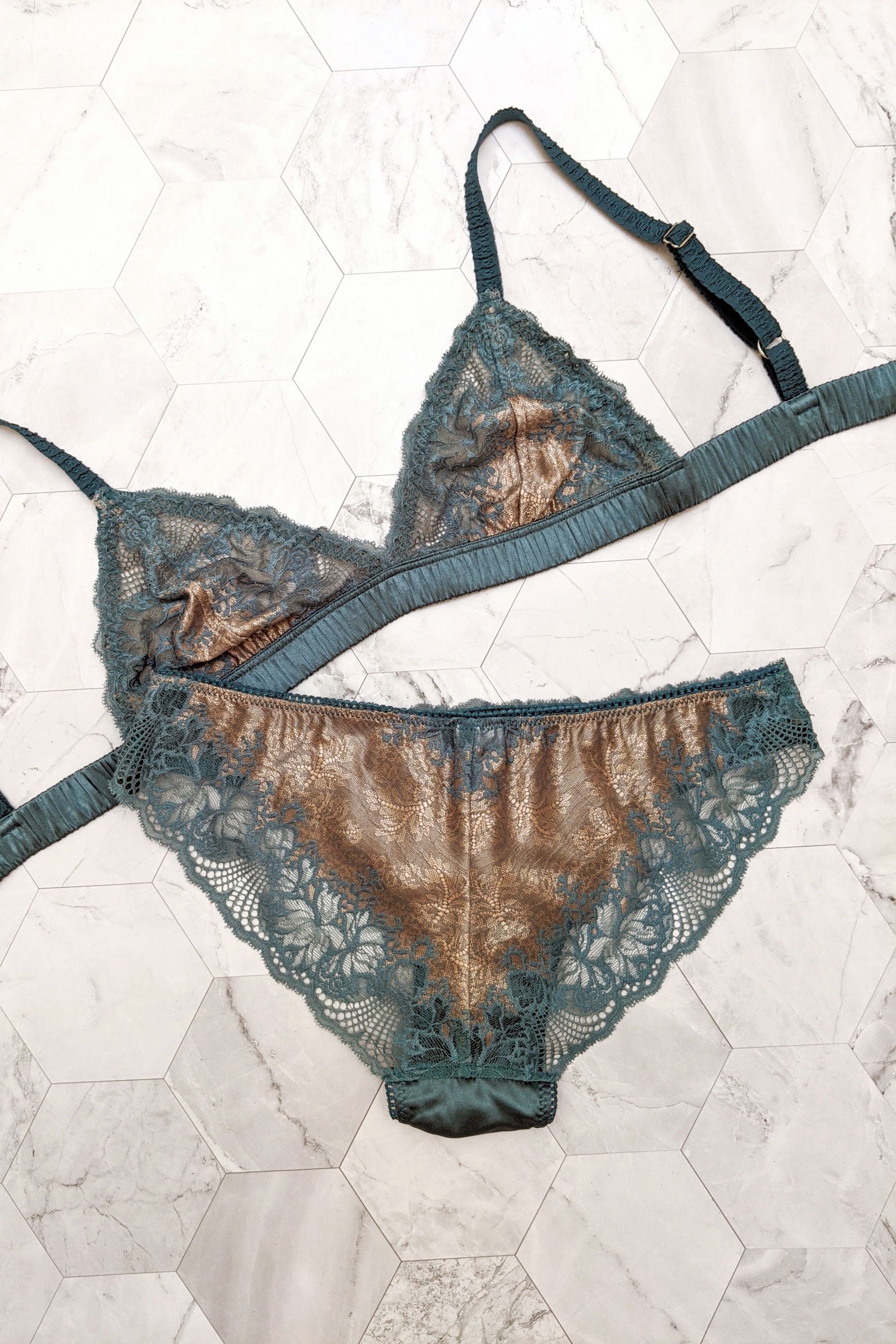 Vintage style lingerie set with a silk bra and lace panties