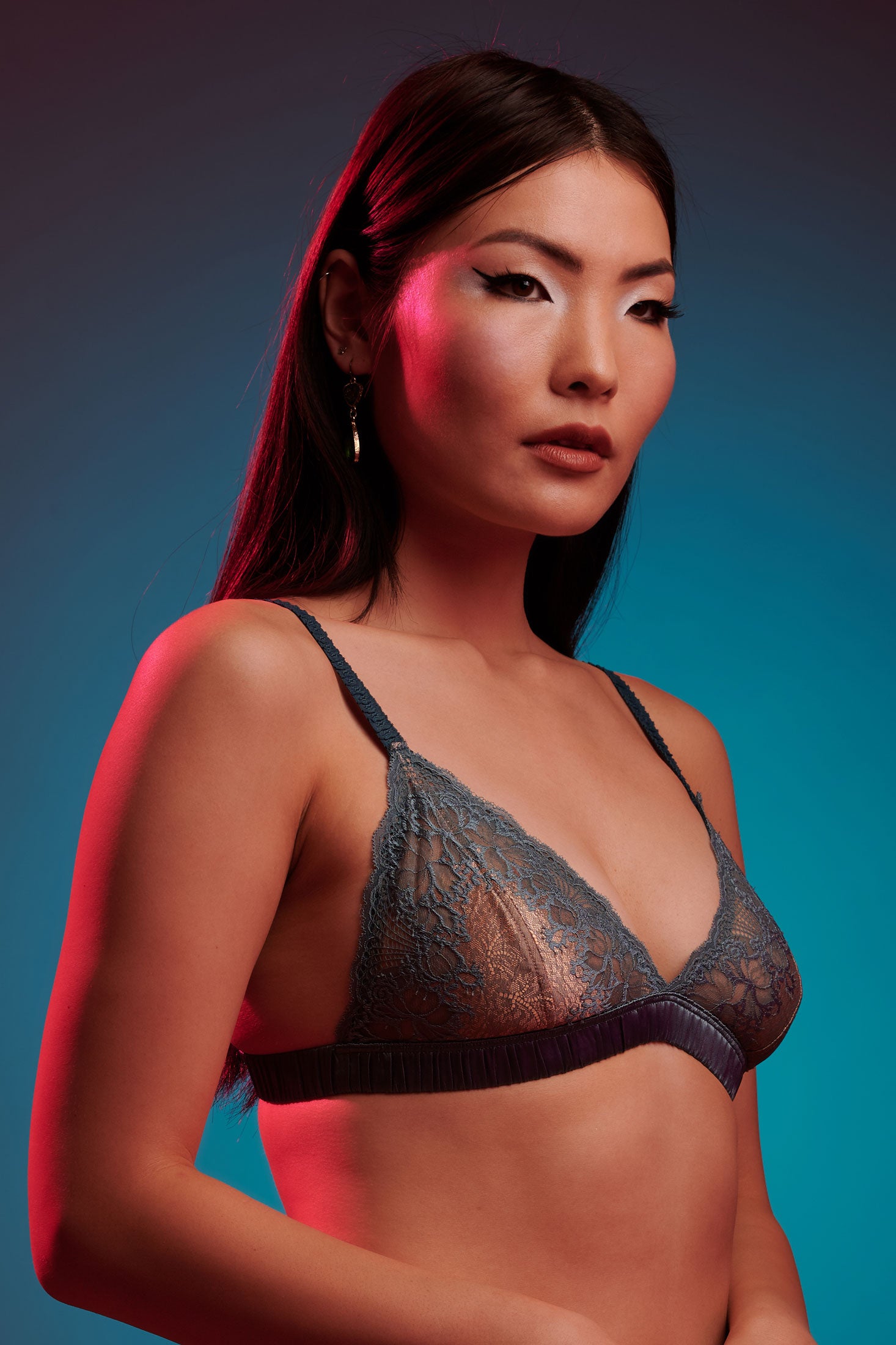 Silvia teal silk bralette with gold lace cups