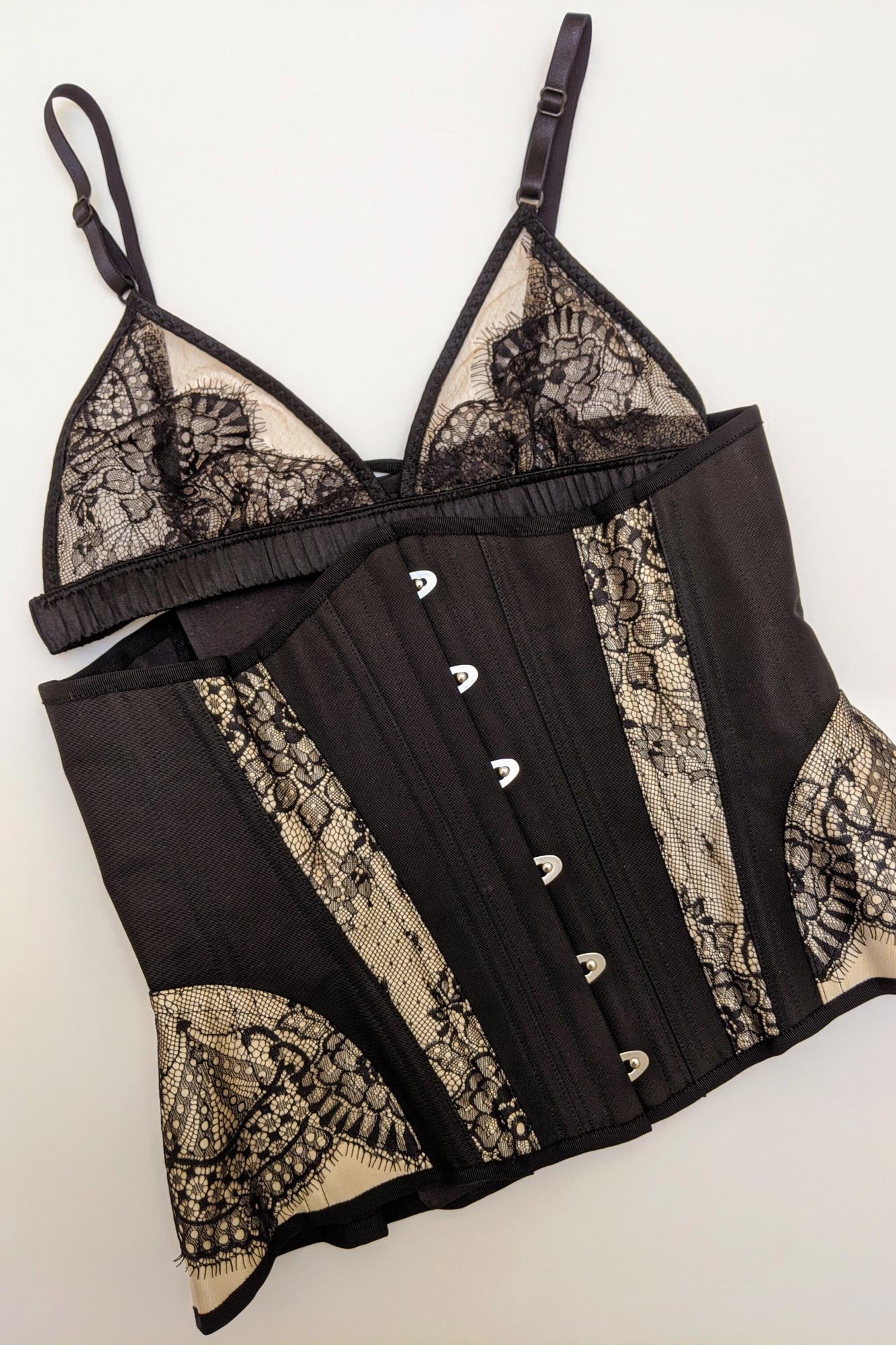 Silk and black lace underbust corset by designer Angela Friedman