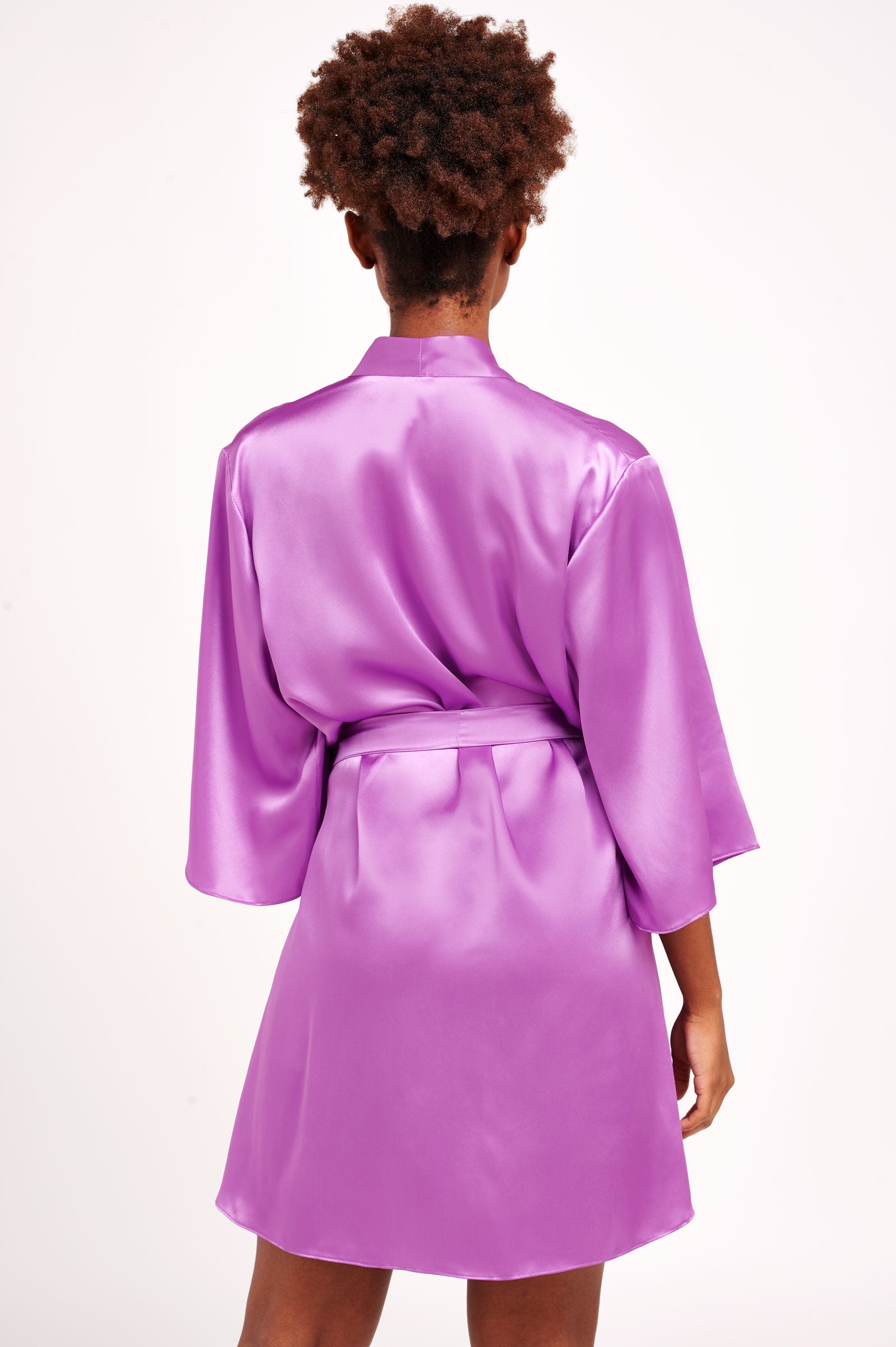 Luxury silk dressing gown in violet purple satin